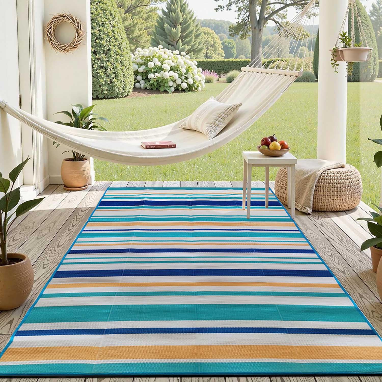 Tapis Extérieur Terrasse Rayés Moderne,120x180 Tapis de Sol Extérieur en Plastique Réversible,Tapis Extérieur Résistant à la Pluie Pliable pour Balcon Camping Pique-Nique (Bleu/Blanc/Orange)