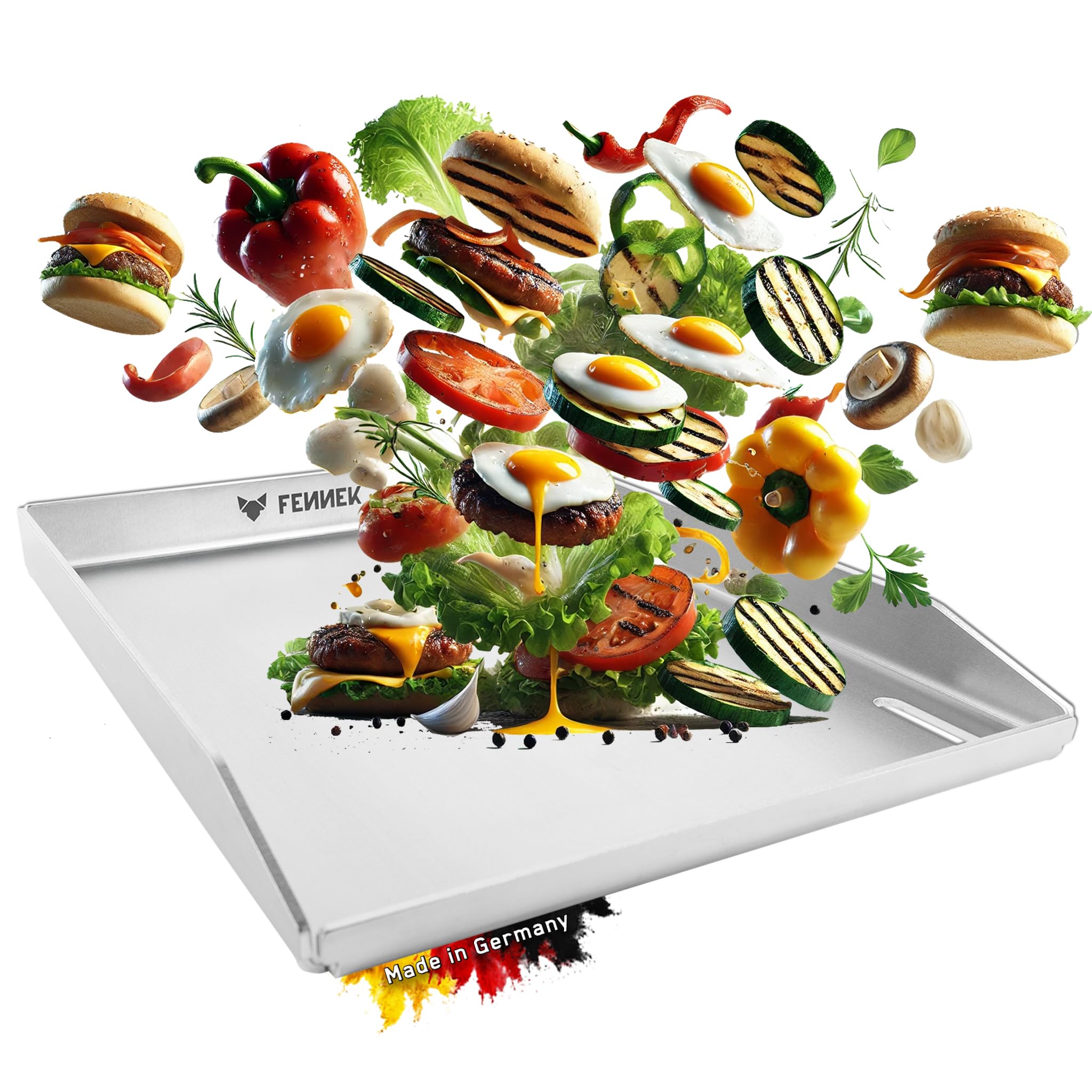 FENNEK Plancha 40 x 30 cm Teppanyaki płyta grillowa z przednią krawędzią i dużym otworem spustowym | 4,0 mm stal nierdzewna | Do burgerów, warzyw, ryb i innych | Zmywalna w zmywarce | Podwinięte