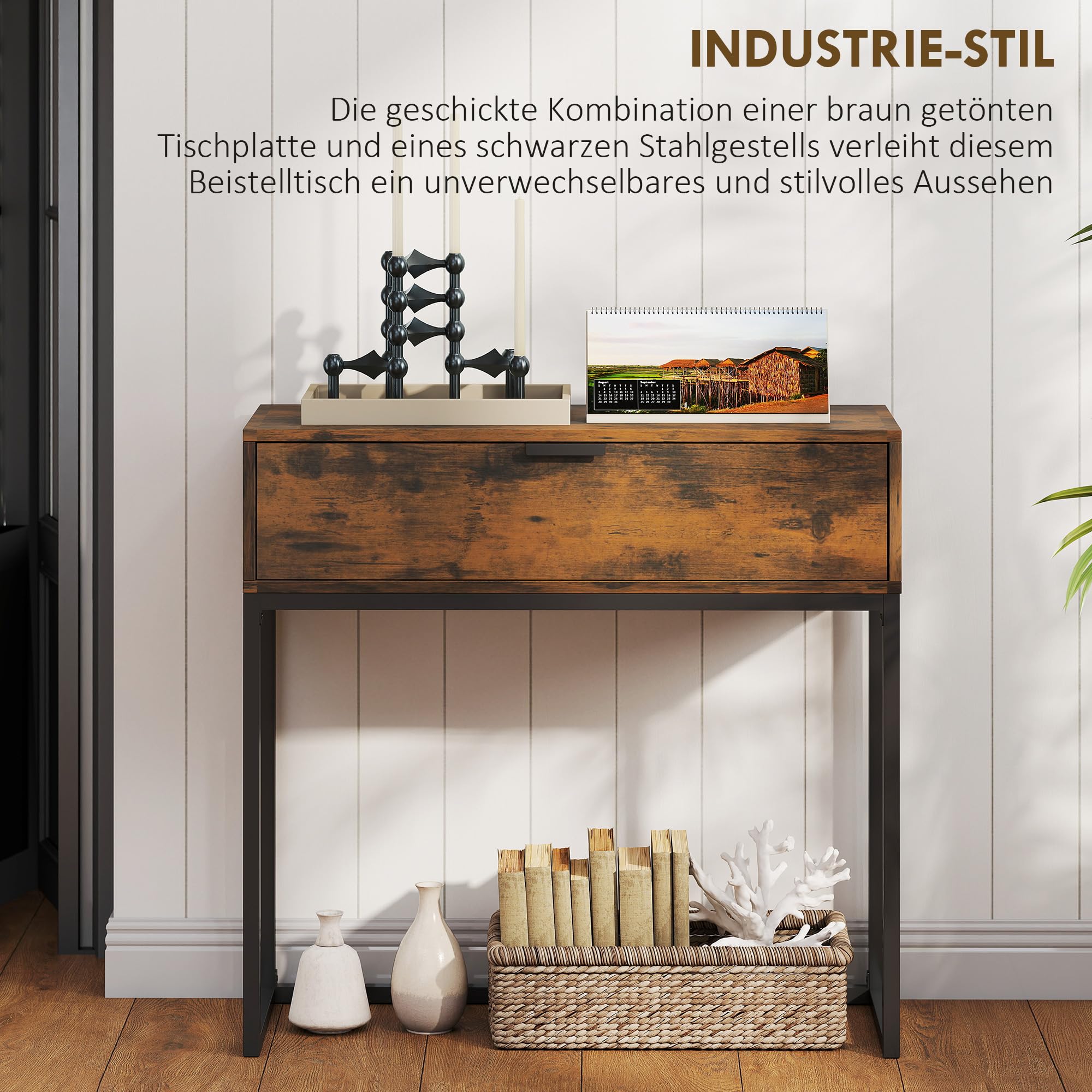 HOMCOM Stolik konsolowy, Stolik boczny w stylu industrialnym z szufladą, Stalowa rama, Stolik wystawowy do korytarza salonu, 80 x 30 x 76 cm, Rustykalny brąz