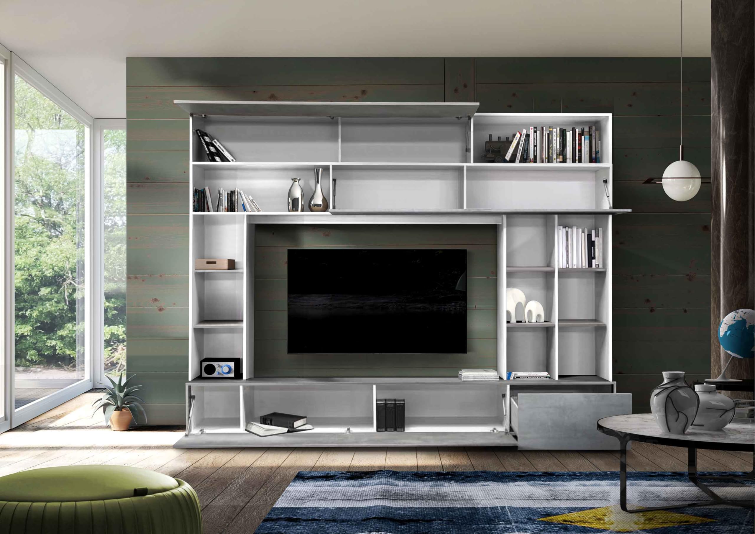 AVANTI TRENDSTORE - Pontebba - Moderna parete da soggiorno in legno laminato in stile bianco/grigio cemento, perfetta per ogni salotto. Dimensioni LAP ca. 277x210x40cm