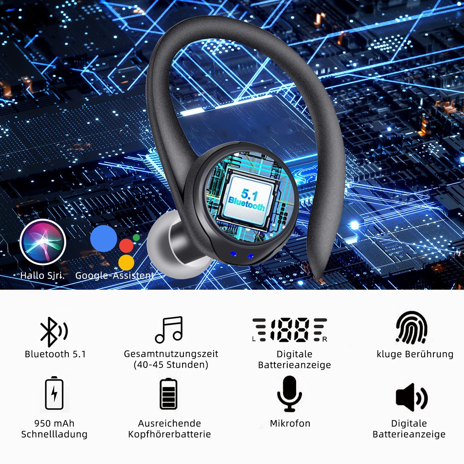 Słuchawki Bluetooth, bezprzewodowe słuchawki douszne z mikrofonem, słuchawki sportowe, dźwięk stereo HiFi, USB-C Quick Charge, redukcja szumów, wodoszczelność IPX7, czas odtwarzania 48 h