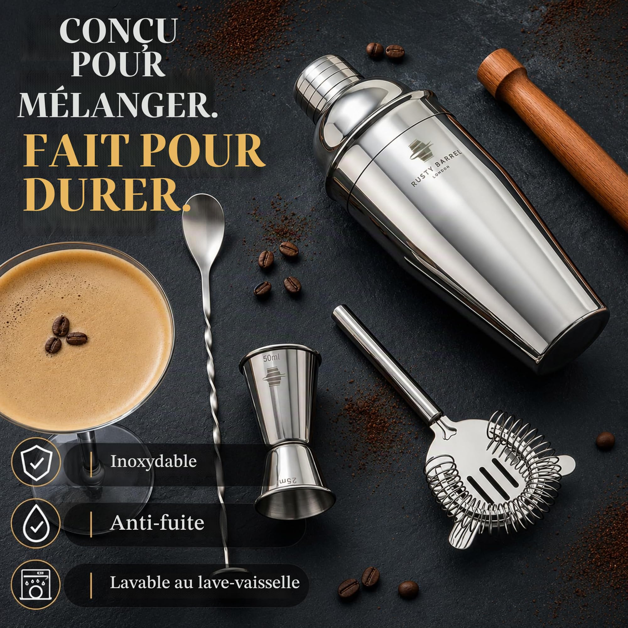 Coffret à Cocktail Mayfair — Kit Cocktail avec Shaker Cocktail en INOX de Style Manhattan | Cocktail Shaker Kit, Kit Barman, Cocktail Kit Complet | dans Une Boîte Cadeau Luxueuse