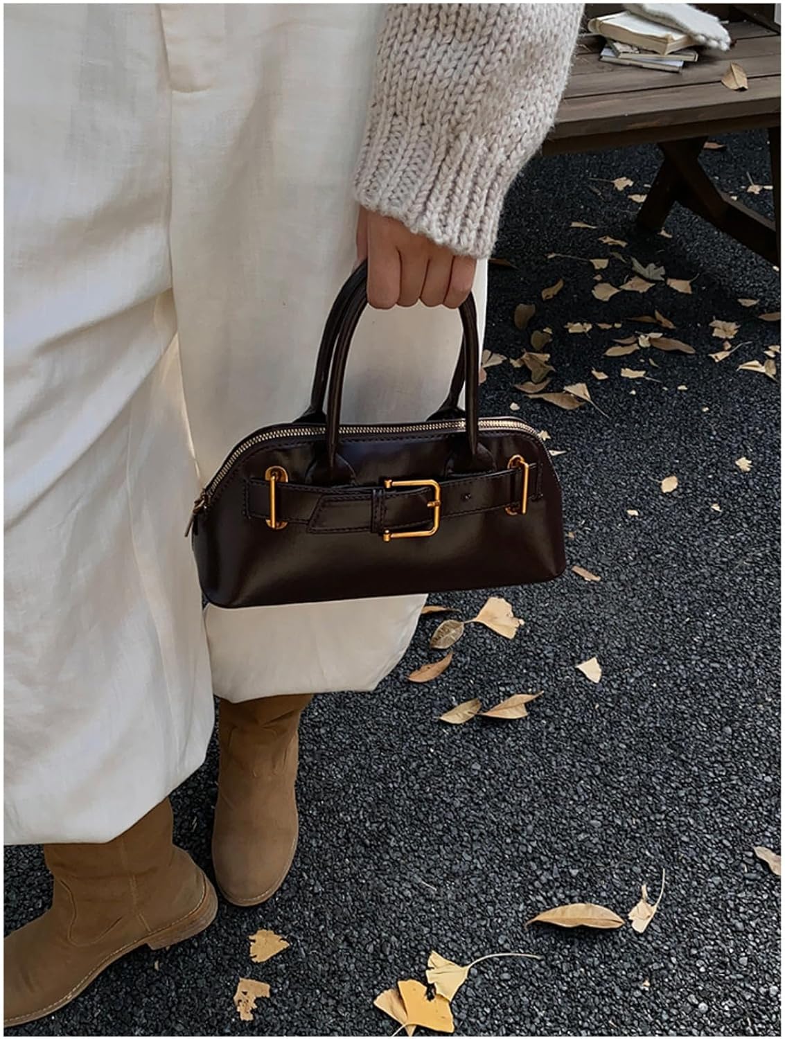 Women Suede Tote Bag Shell Leather Crossbody Shoulder Bag Minimalist Korean Style with Belt Buckle Design - Image 5