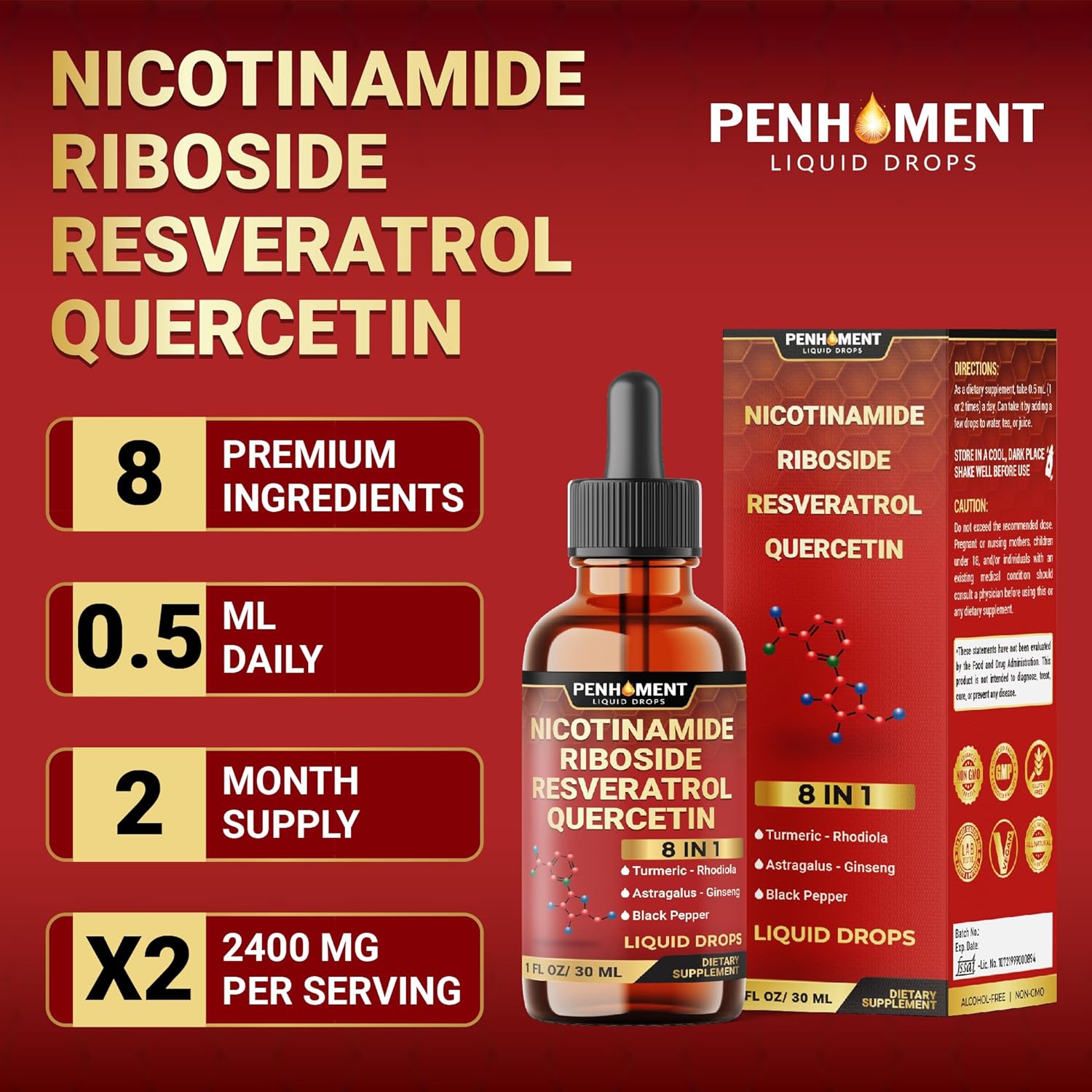 8in1 NAD+ Liquid Drops w/Nicotinamide Riboside NR 900mg, Quercetin 250mg, Trans-resveratrol 250mg and 5 More Herbals - Cellular Energy & Repair, Vitality, Healthy Aging - 2 Month Supply - Image 5