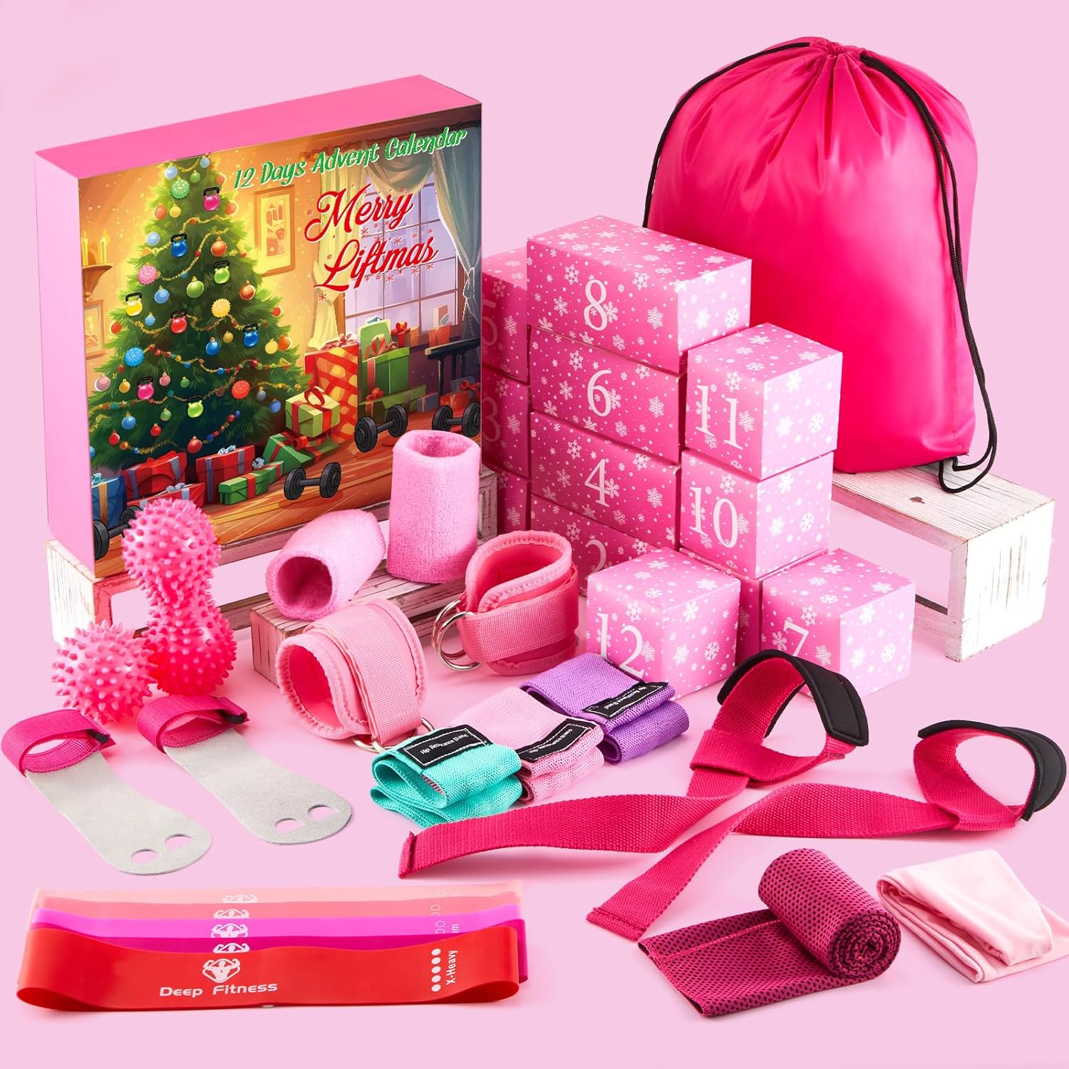 Soulchen Gym Advent Calendar 2025 12-day of Christmas Advent Calendar Workout Gifts Includes Massage Ball Ankle Binding Strap Lifting Straps Hip Resistance Bands Towel Nonslip Socks for Women Gifts