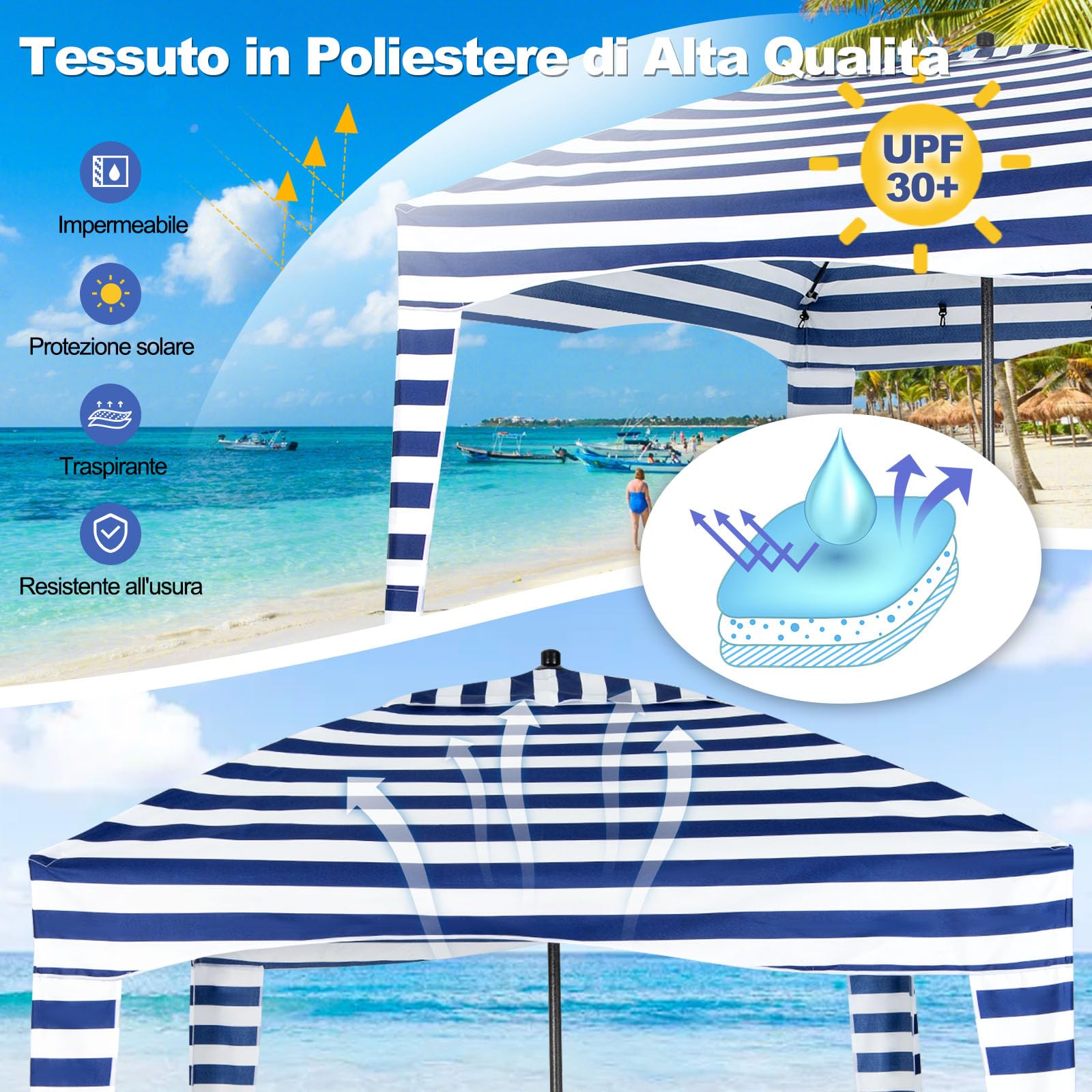 RELAX4LIFE Tenda da Spiaggia Pieghevole/Gazebo183 x 183 cm con Borsa, Parete Laterale Staccabile e 8 Sacchetti di Sabbia, Tenda Portatile per il Sole all'Aperto per Mare, Campeggio e Picnic (BLU)