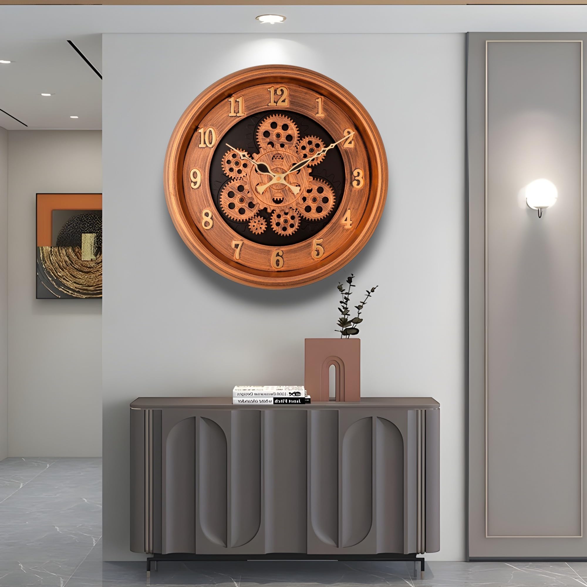 De'rons Rotating Moving Gears Wall Clock Industrial Steampunk Real Moving Gear Designer Wall Clock for Living Room Home Decor Office Wooden Look Plastic Round 32cm DC-1387 (Copper Golden)