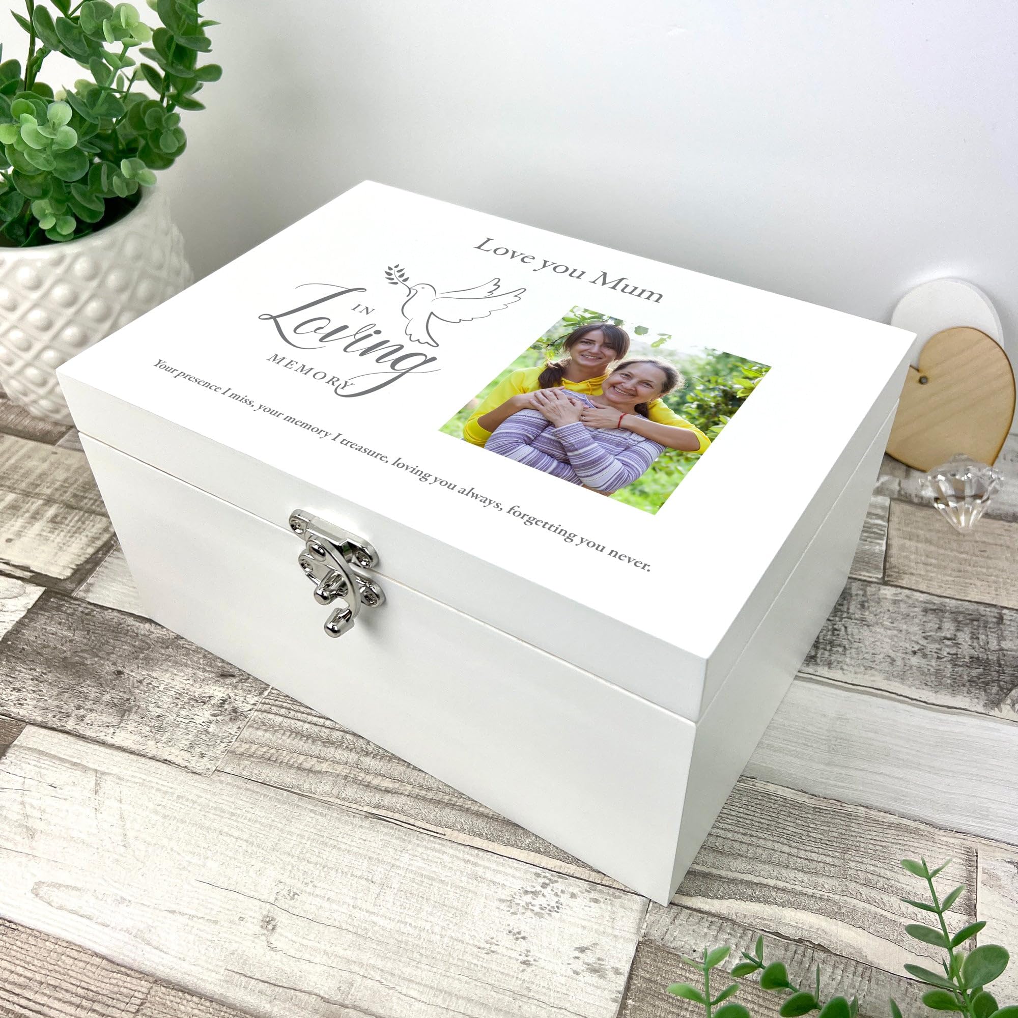 Caja de recuerdos personalizable con texto en inglés "In Loving Memory" (27 x 19 x 14 cm), color blanco