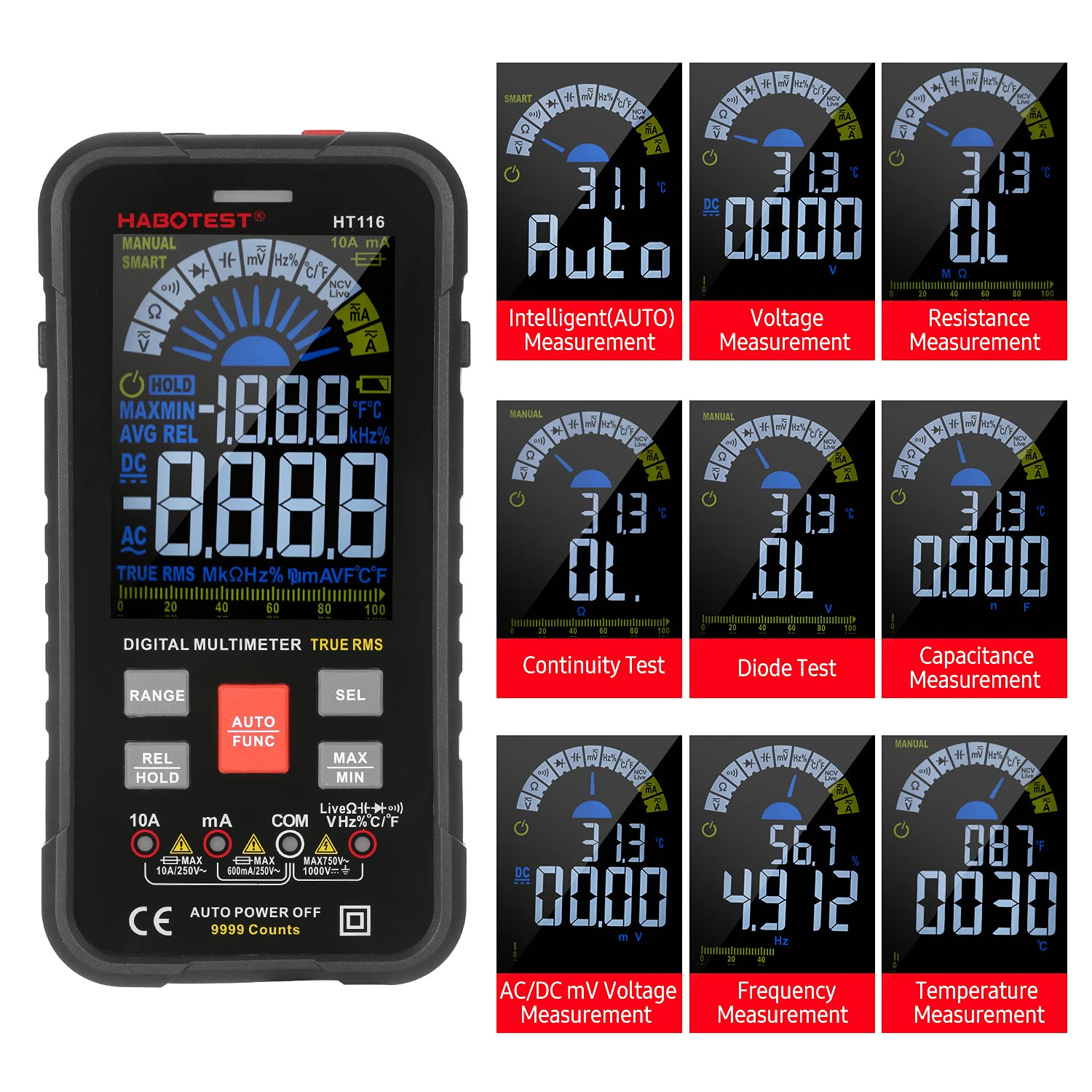 HABOTEST HT116 Multimetro digitale con 9999 conteggi Vero RMS per misurare tensione CA CC corrente resistenza capacità frequenza temperatura e continuità - Tester elettrico
