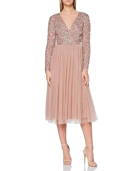 Maya Deluxe Womens Ladies Wedding Guest Midi Dress Long Sleeve Plunging Neckline V Neck Sequin Embellished Graduation Vestito per Damigella d’Onore, Malva Chiara, 38 Donna