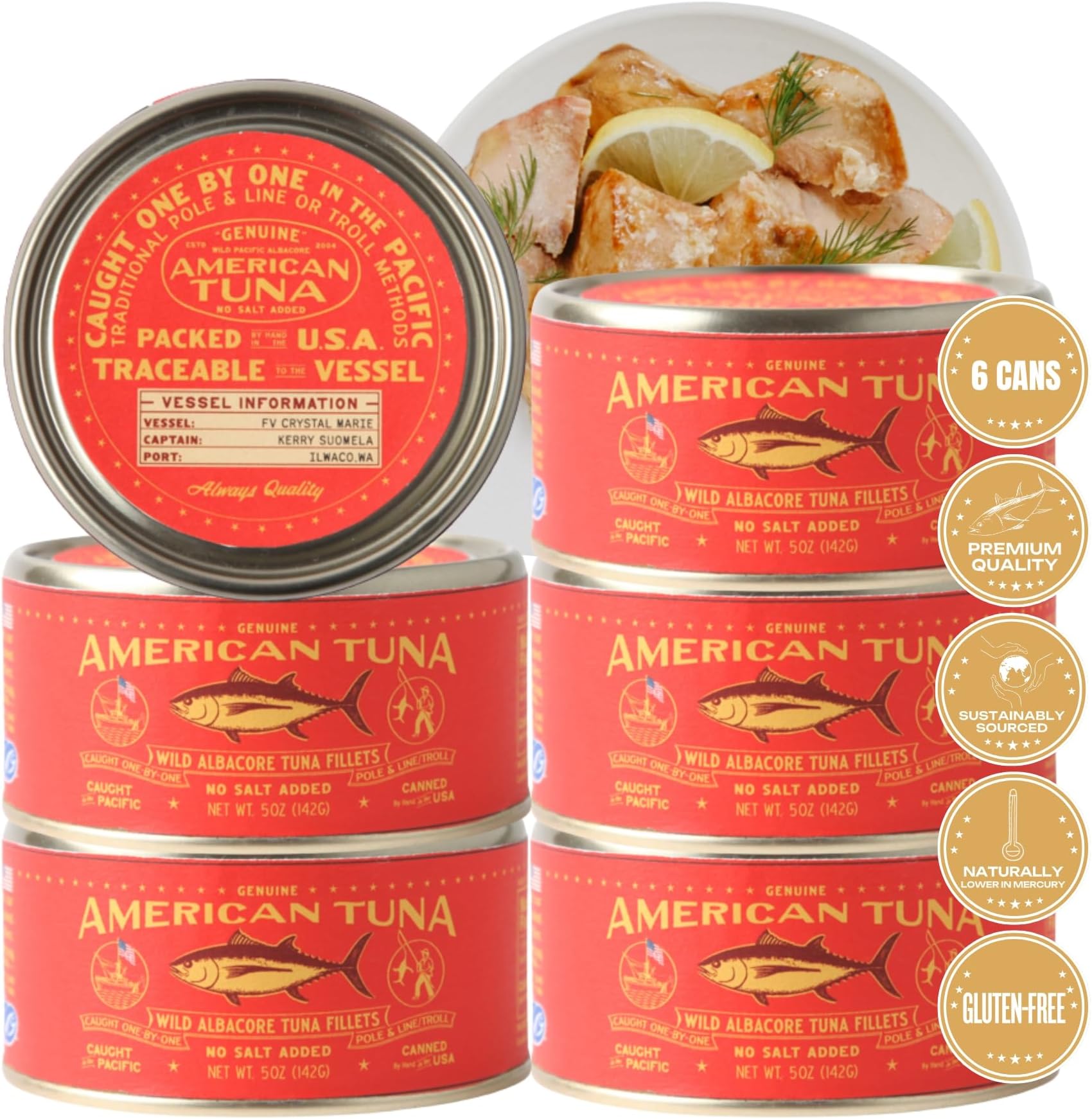 American Tuna Sushi-grade Wild Albacore Tuna Fish - No Salt Added, Wild Caught, MSC Certified, and Pole Caught | (6) 5 Ounce Cans | Super Premium Canned Tuna for Health and Flavor Enthusiasts!