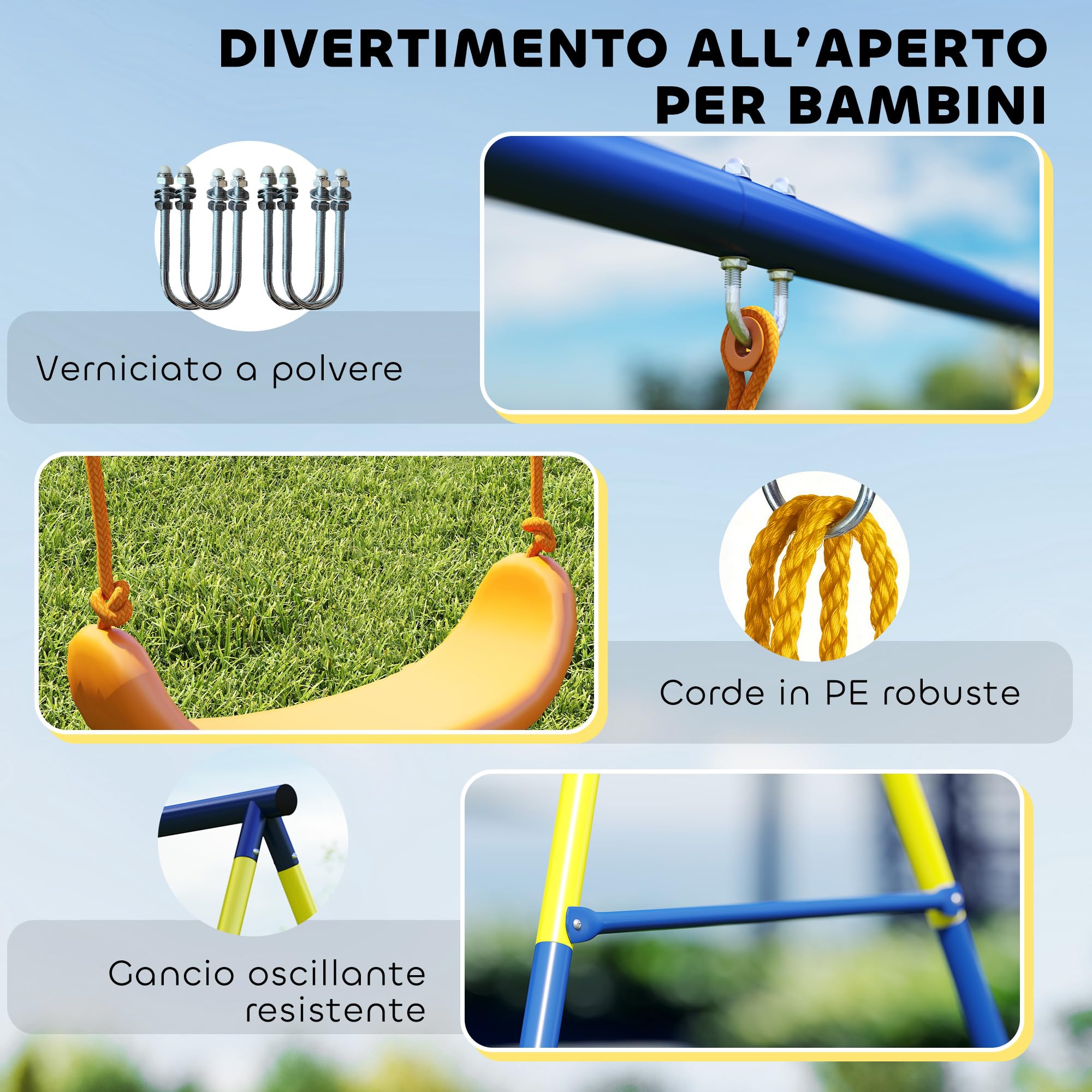 AIYAPLAY Set Altalena da Giardino 3 in 1 per Bambini con Altalena in Piedi, Anelli da Ginnastica, Telaio A in Acciaio, Altalene Doppie per Bambini, Capacità 150kg, Esterno, 3-8 Anni, 285x160x181 cm