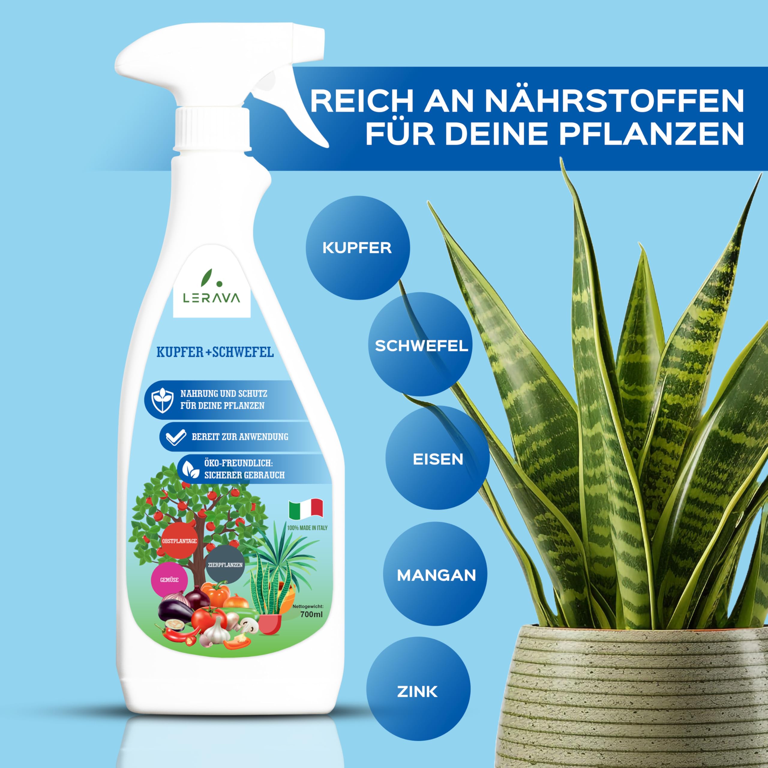 LERAVA Kupfer-Schwefel Fungizid Spray (700 ml) - Biologisches Spritzmittel  gegen Mehltau, Pilzbefall und Blattflecken - Effektiver universal  Pflanzenschutz - Mit Eisen, Mangan und Zink angereichert : Amazon.de: Garten