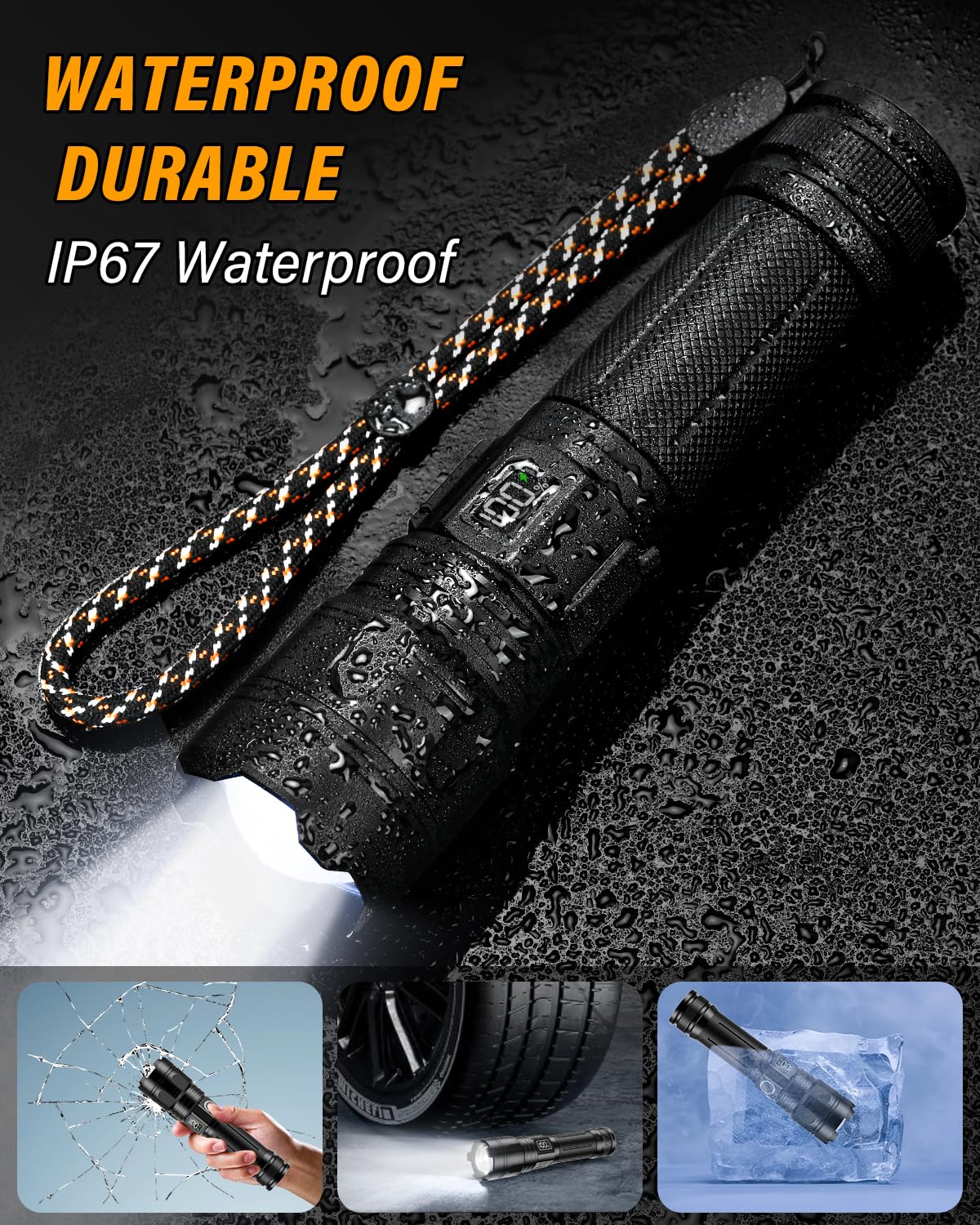 Akdomart Torcia LED Potente Professionale 500000 Lumen, Torcia LED Ricaricabile con Batteria da 5000mAh, Zoomable 5 Modalità Torcia Militare, IP67 Impermeabile Torcia Tattica AK-01 (nero)