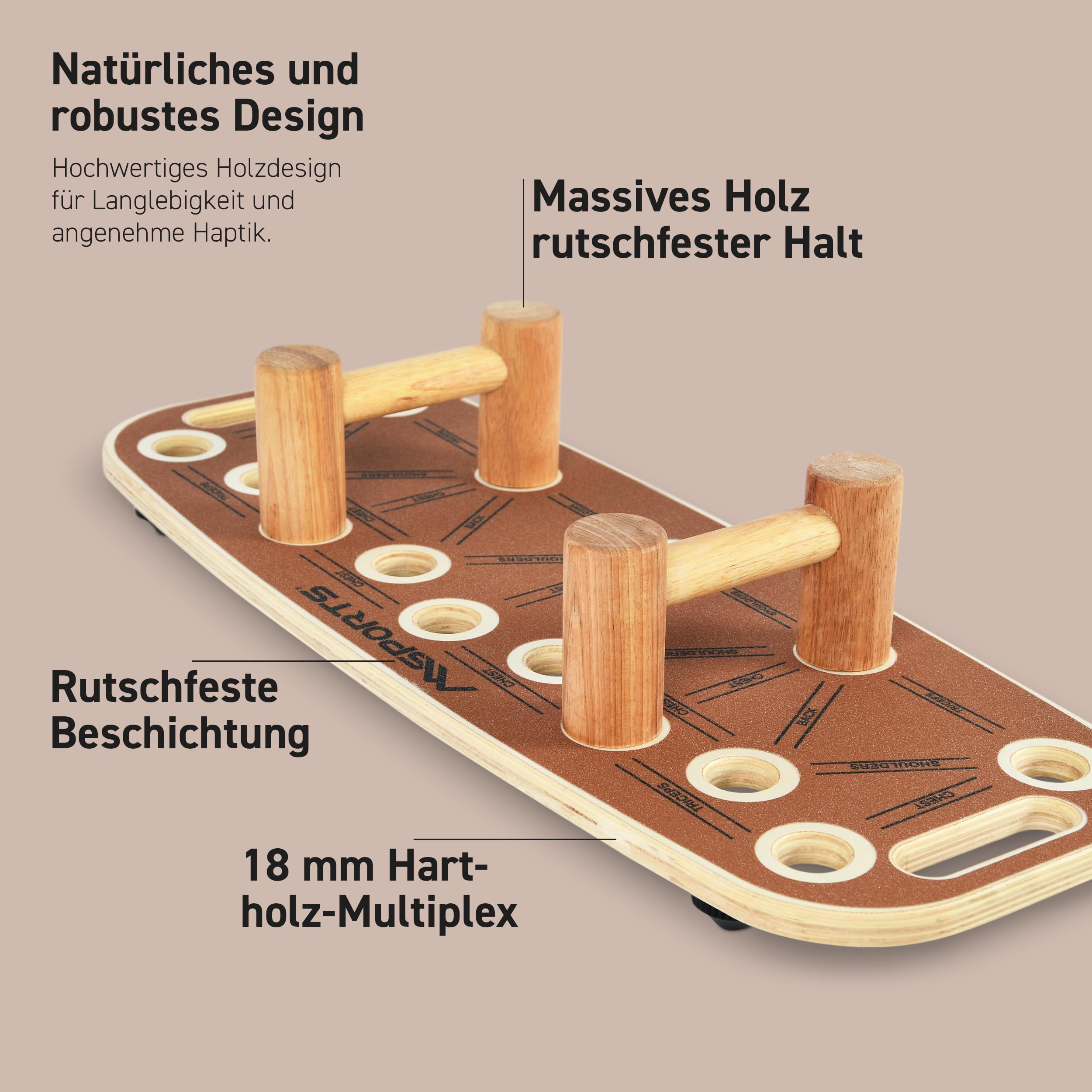 MSPORTS Push-Up Board Holz Premium mit Rolle – Multifunktionales Liegestützbrett für Core, Balance & Krafttraining – 15 Griffpositionen, massive Griffe, Anti-Rutsch, Home Gym Fitnessgerät