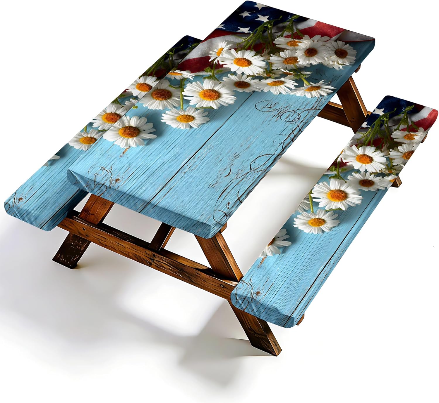 NYZE 3 Pieces Blue Wooden Daisies Picnic Table Cover with Bench Covers Set, Independence Day Camping Tablecloth Bench Covers with Drawstring Bag, Camping Essentials for Outdoor Picnics, Patio, BBQ