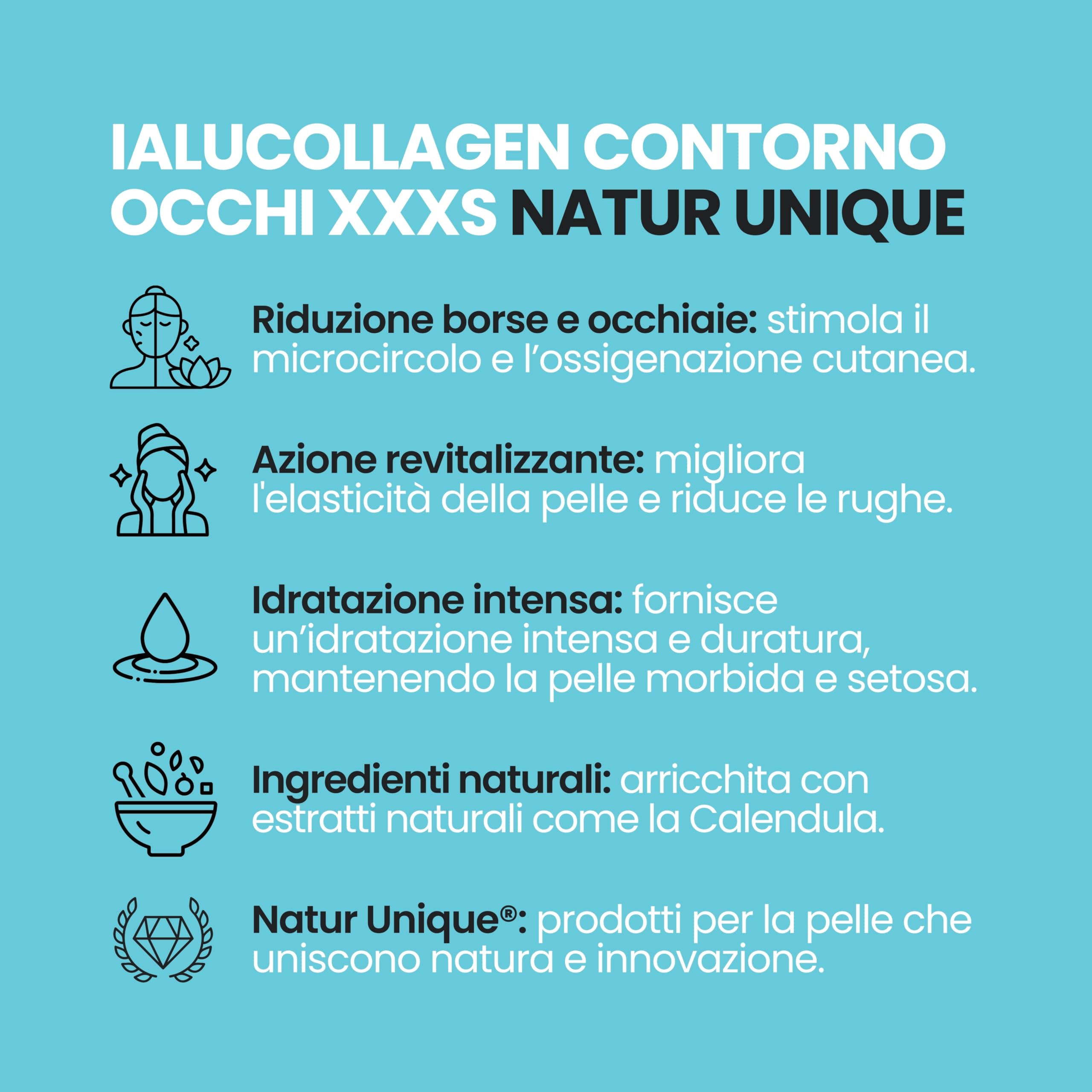 Natur Unique - IALUCOLLAGEN XXXS Crema Contorno Occhi | Contorno Occhi per pelli delicate, Minimizza Borse e Occhiaie, Rivitalizza e Illumina | Acido Ialuronico, Collagene Vegetale e Gatuline | 15 ml