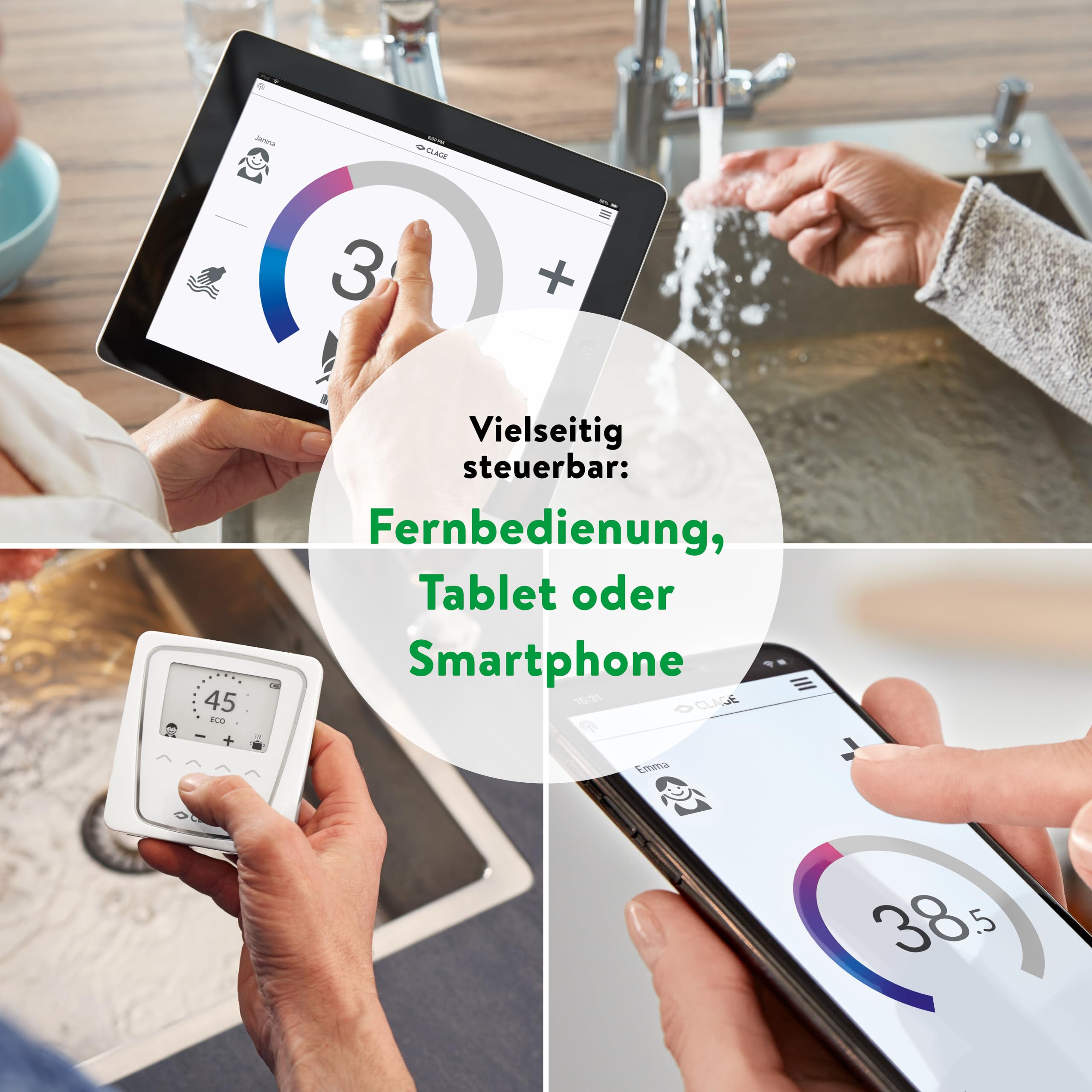 CLAGE CFX-U elektronischer Küchen-Durchlauferhitzer, 11–13,5 kW 400V, mit Fernbedienung, komfortable Temperatureinstellung, schlankes Design zur Untertischmontage, VDE-GS geprüft [Energieklasse A]