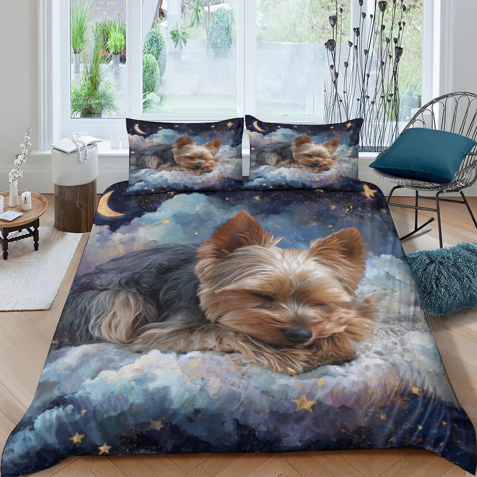 3D Printed Yorkshire Terrier Duvet Cover Microfiber Soft Breathable Dog Art Bedding Set with 2 Pillowcases for Bedroom Single（135x200cm）