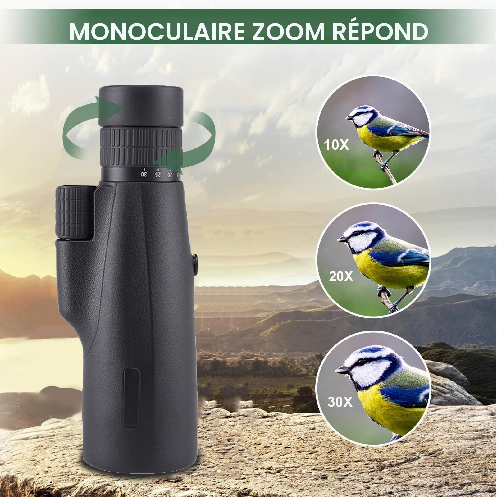 Monoculaire 10-30x50 Prisme BAK4 HD, Télescope Portable Étanche avec Trépied & Support Téléphone, Idéal pour Observation Oiseaux, Randonnée, Concert et Événements Sportifs