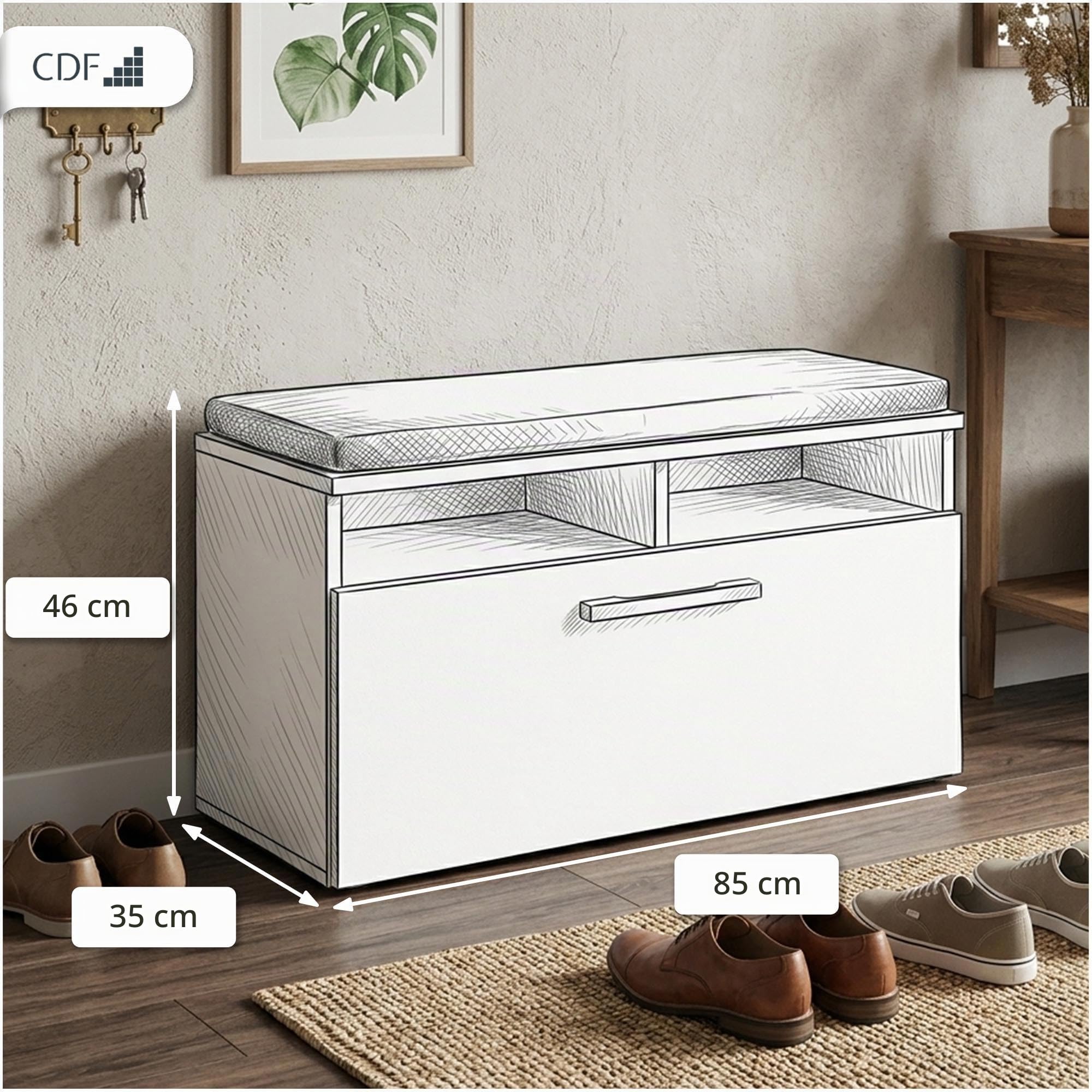 CDF Armario de zapatos Riva | Color: roble Sonoma | Ideal para pasillo, pasillo, oficina | Almacenamiento | Asiento cómodo (cojín) | Moderno | Puerta batiente