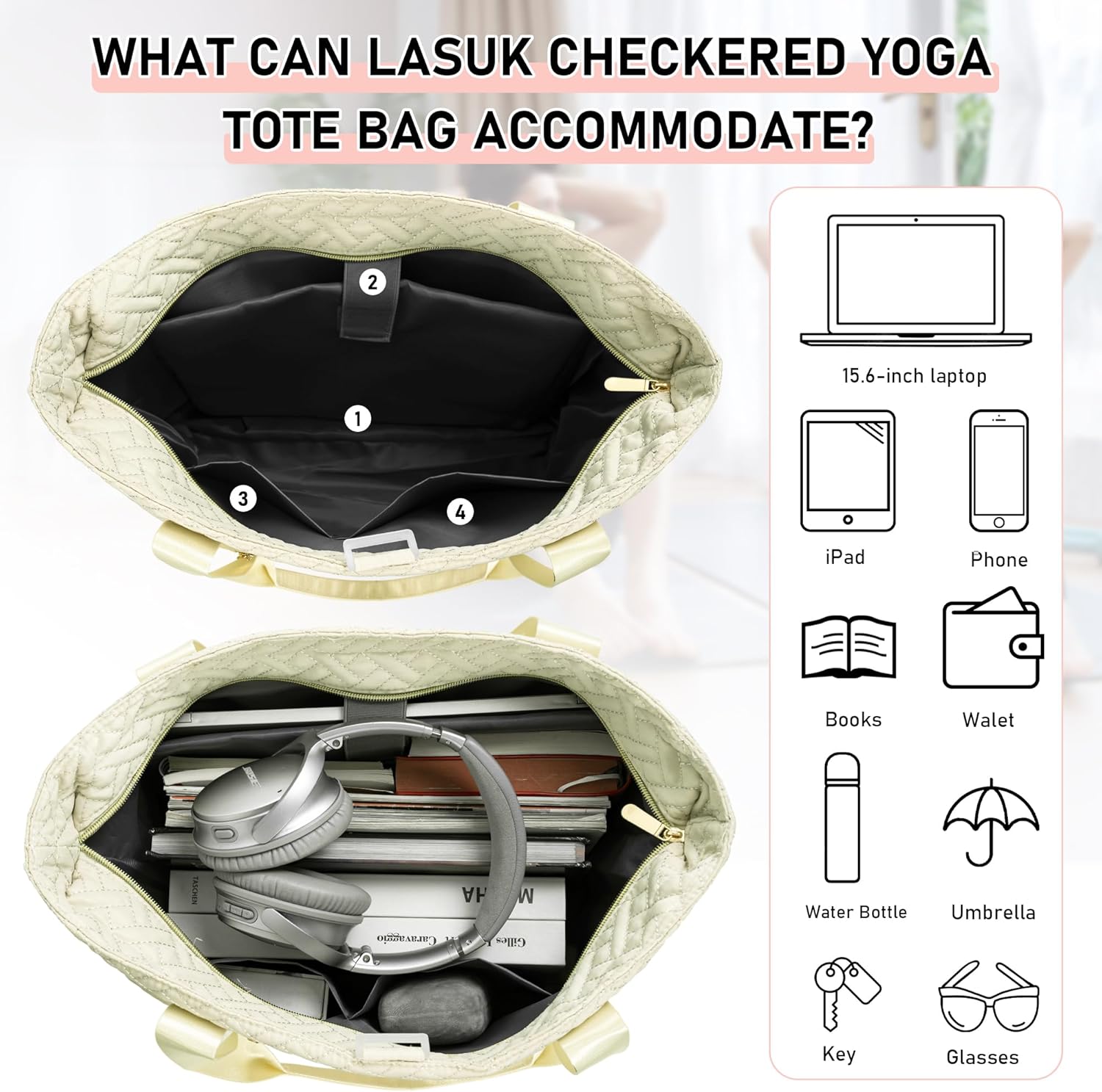 Tote Bag For Women, Checkered Zipper Laptop Shoulder Bag, Gym Tote Bag with Yoga Mat Bag, for Gym, Work, Travel, Shop - Image 5