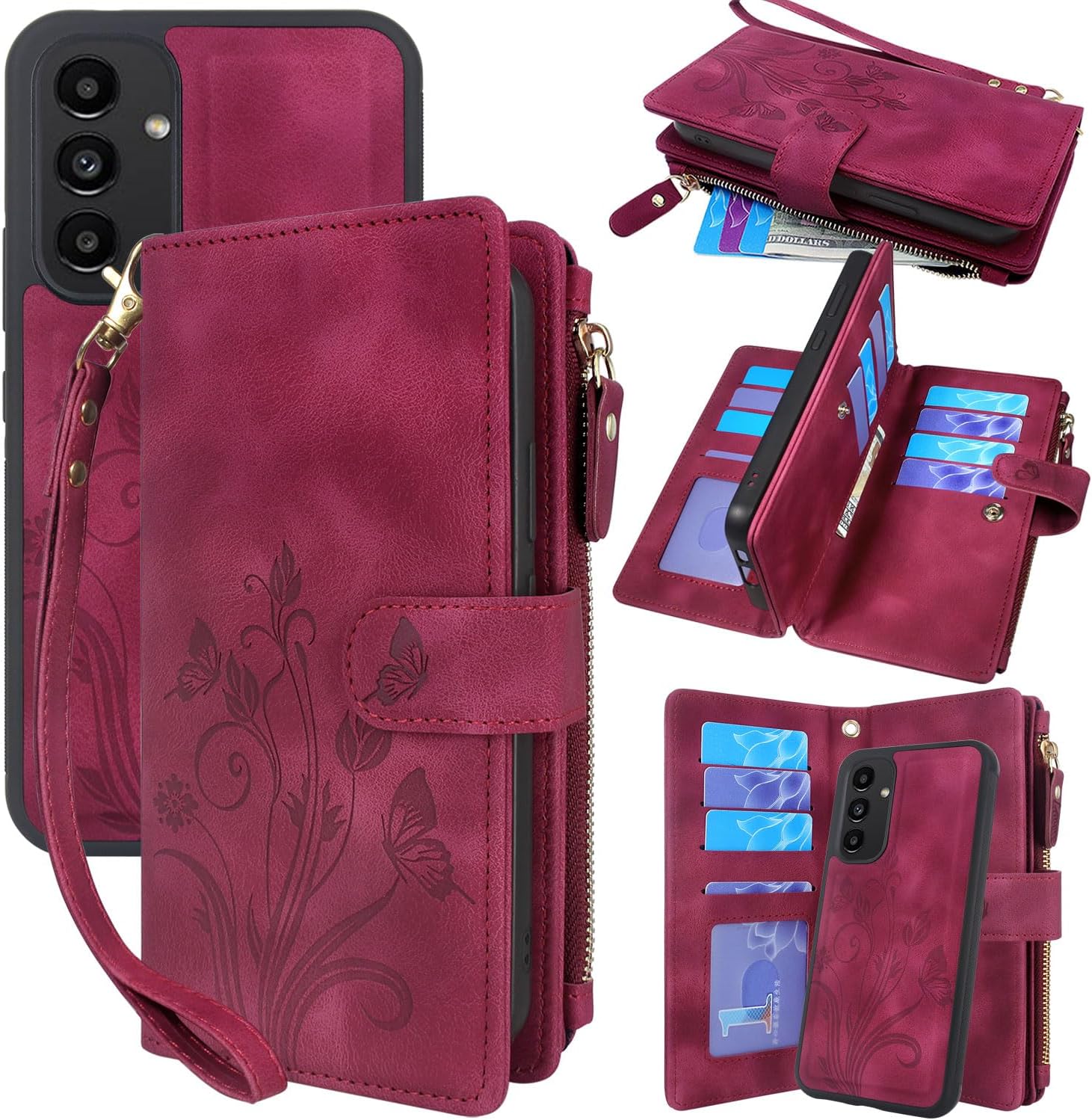 Lacass Compatible with Samsung Galaxy A13 4G LET /5G Case [12 Card Slots] ID Credit Cash Holder Zipper Pocket Detachable Magnet Leather Wallet Cover Wrist Strap Lanyard(Floral Wine Red)