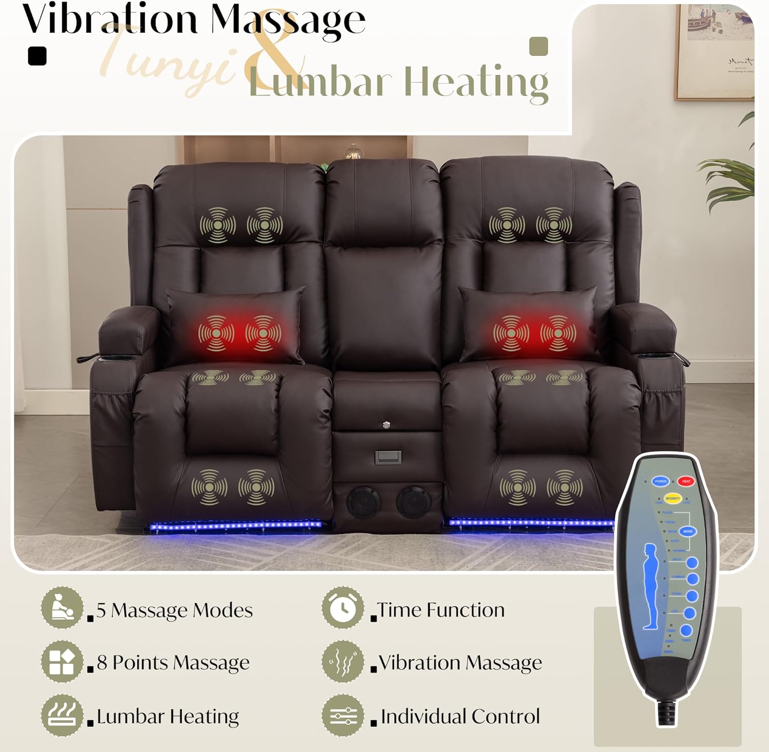 TUNYI Power Loveseat Recliner Sofa, Faux Leather Reclining Sofa with Console RV Reclining Loveseat Couch with USB/Outlet/Storage/Side Pocket/LED Light/Speaker (Brown, Loveseat)