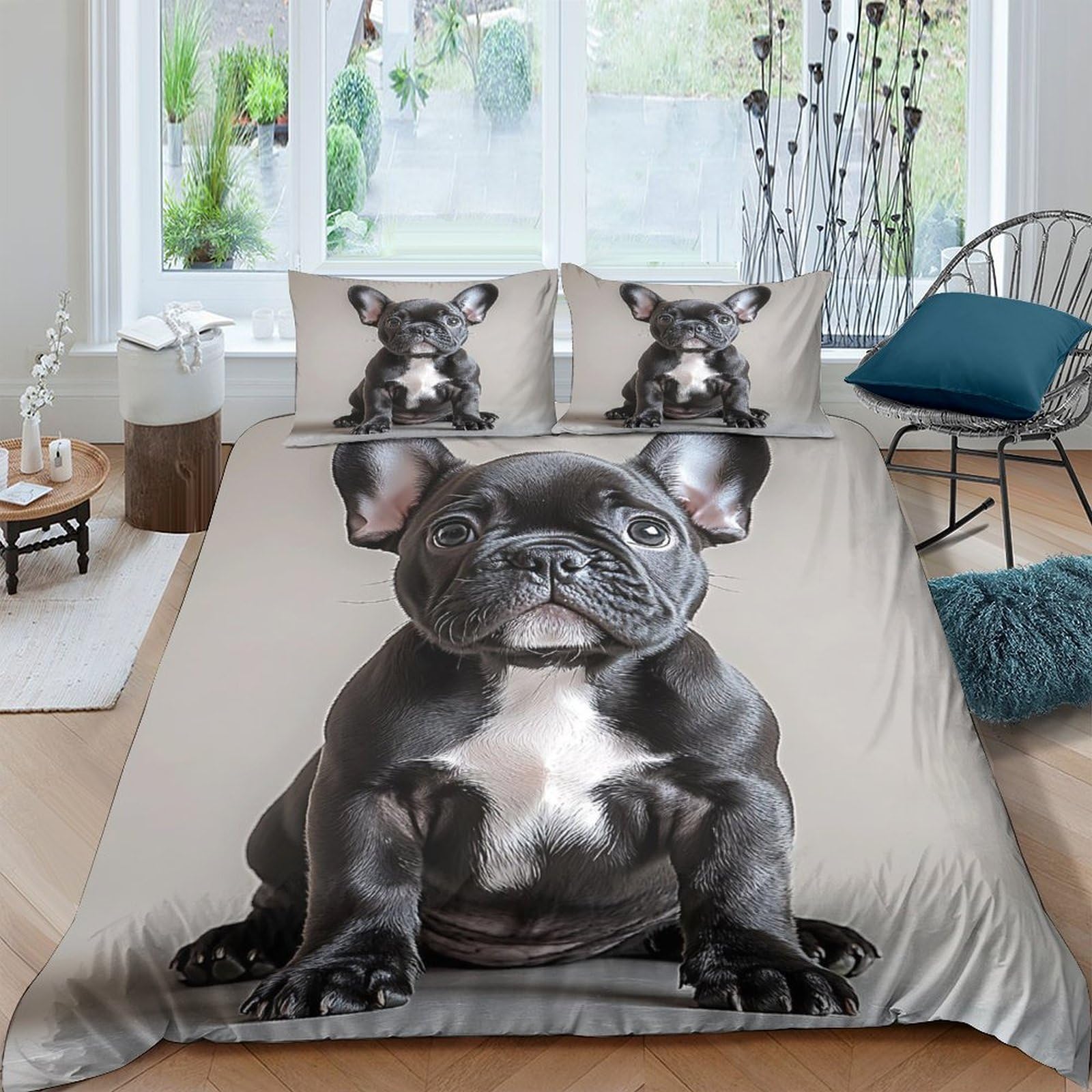 GPLZQXKJNH 3D Printed French Bulldog Duvet Cover Microfiber Grey Animal Bedding Set with 2 Pillowcases for Bedroom Decor Single（135x200cm）