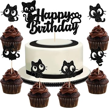 7Pcs Cat Happy Birthday Cake Topper Black Glitter Kitten Cupcake Decoration for Cat Lovers, Baby Shower, Kids Birthday, Wedding Party Supplies