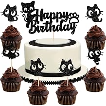 7Pcs Cat Happy Birthday Cake Topper Black Glitter Kitten Cupcake Decoration for Cat Lovers, Baby Shower, Kids Birthday, Wedding Party Supplies