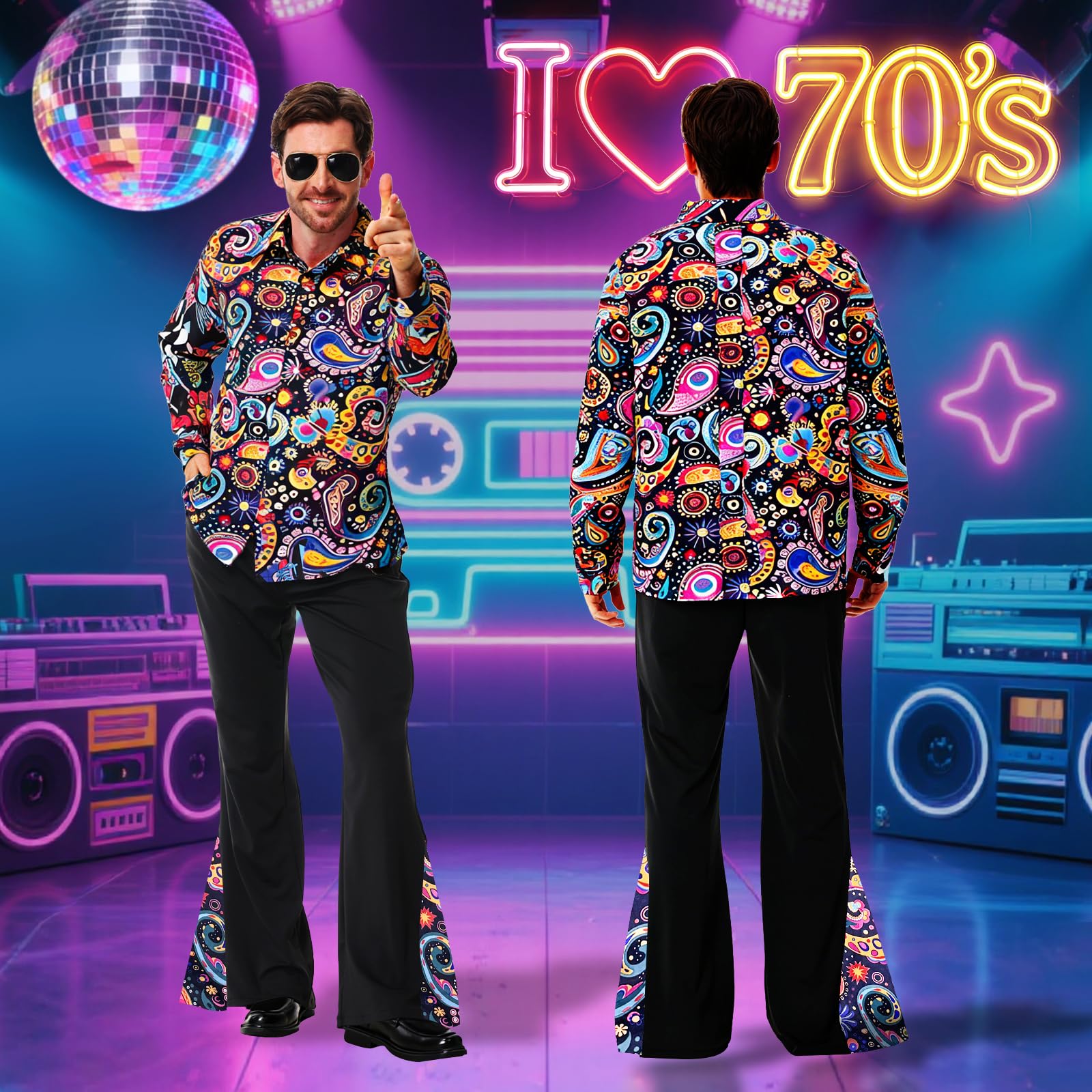 PATEMZON Disfraz de los años 70 para Hombre, Camisa hawaiana, Disfraz Hippie para Hombre, Pantalones de Bateo, Peluca, Cinturón, Gafas, Barba y Cadena de Oro, Disfraz Hippie de Carnaval