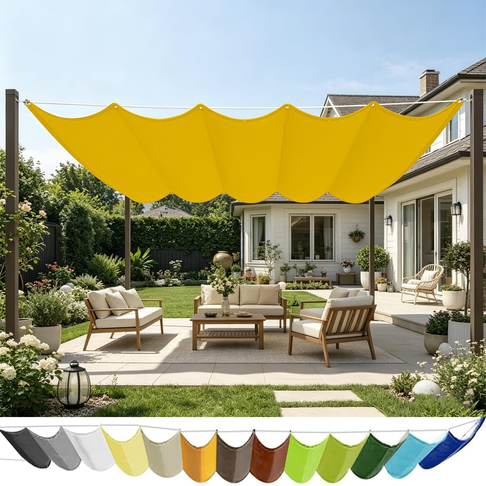 Voile d'ombrage rétractable jaune vagues pour résoudre le manque d'ombre sur la terrasse