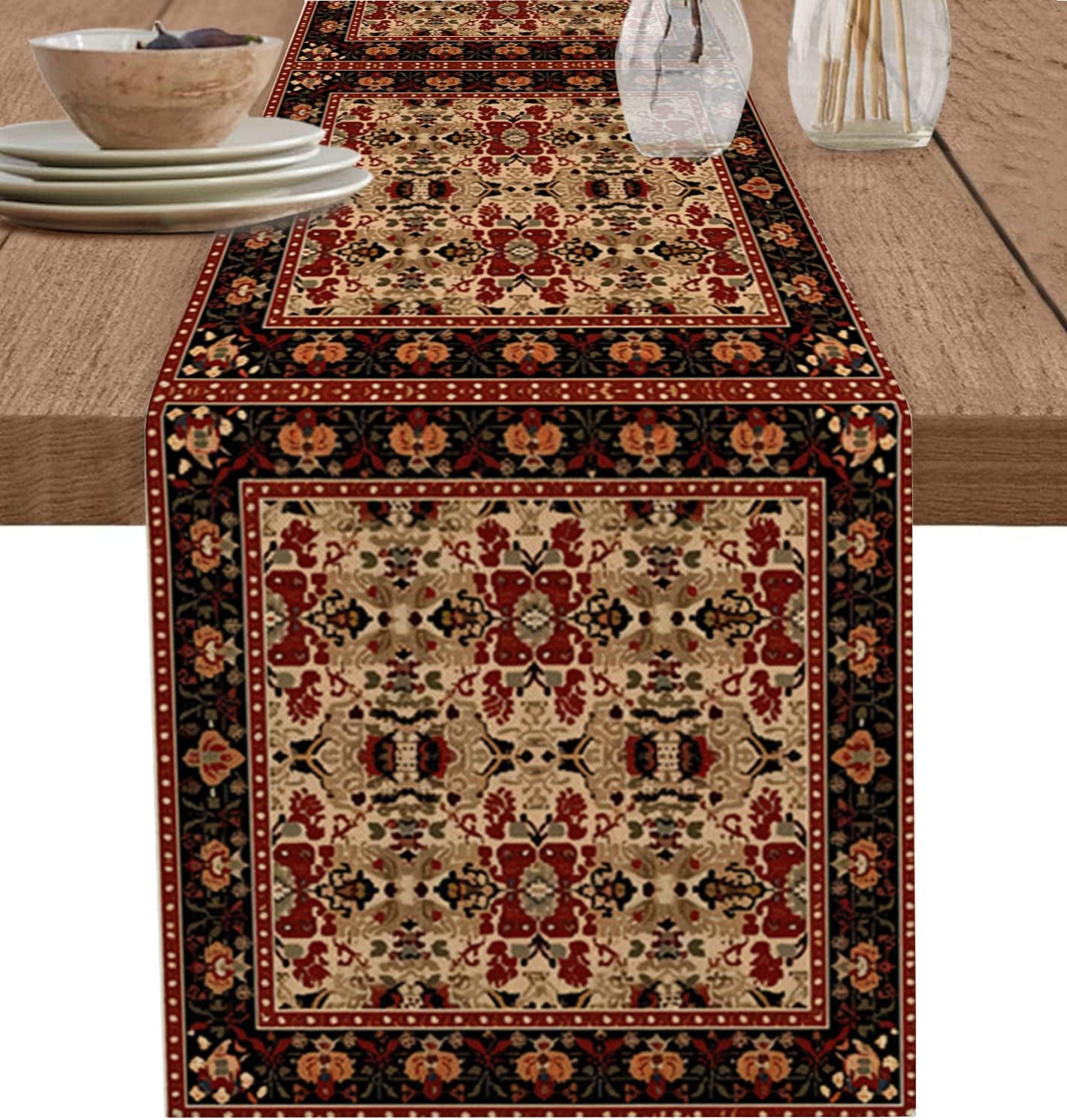 Abstract Floral Boho Table Runner 72 Inches Long for Dining Table, Cotton Linen Farmhouse Table Runner Washable Coffee Table Runners Dresser Scarf for Kitchen Holiday Ombre Brown Geometric Art 18x72in