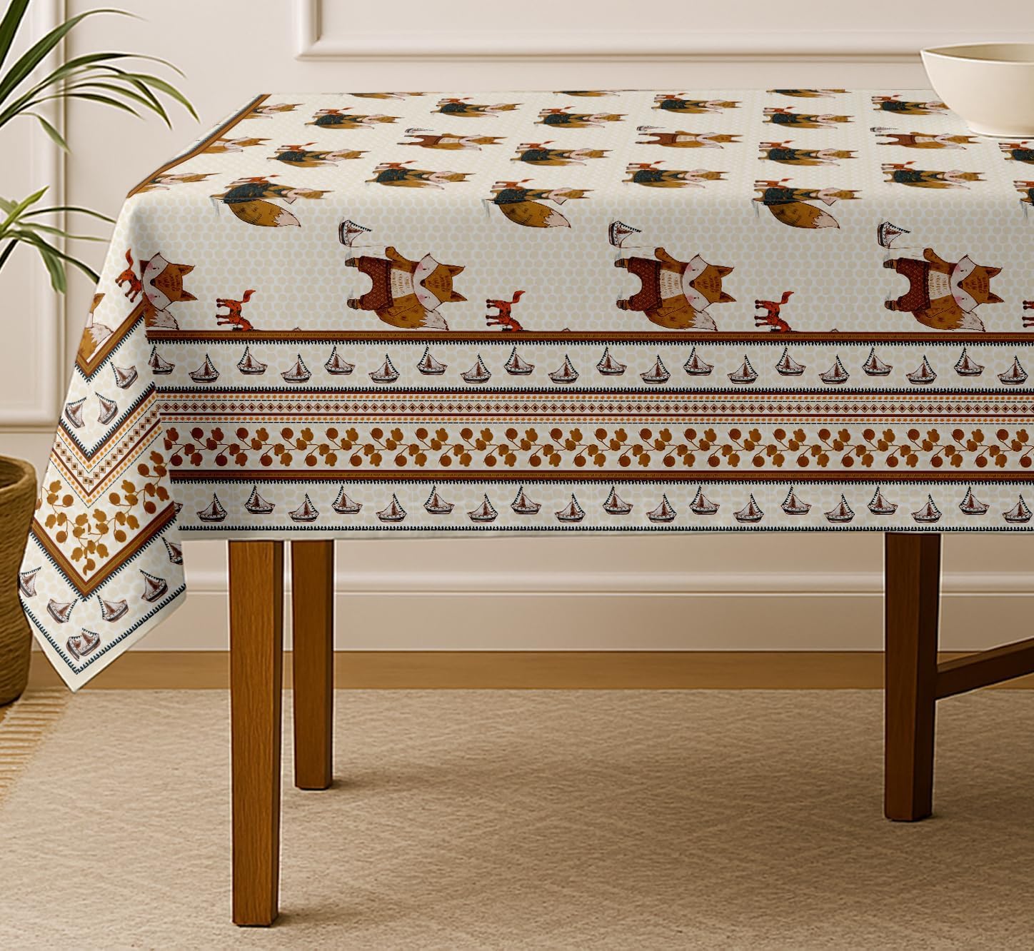 Kids Theme Cotton Tablecloth - White 54X54 Inch Dining Table Cover, Fits 4 to 6 Seater Tables, Strong White Stylish, Machine Washable, Perfect for Family Meals, Parties