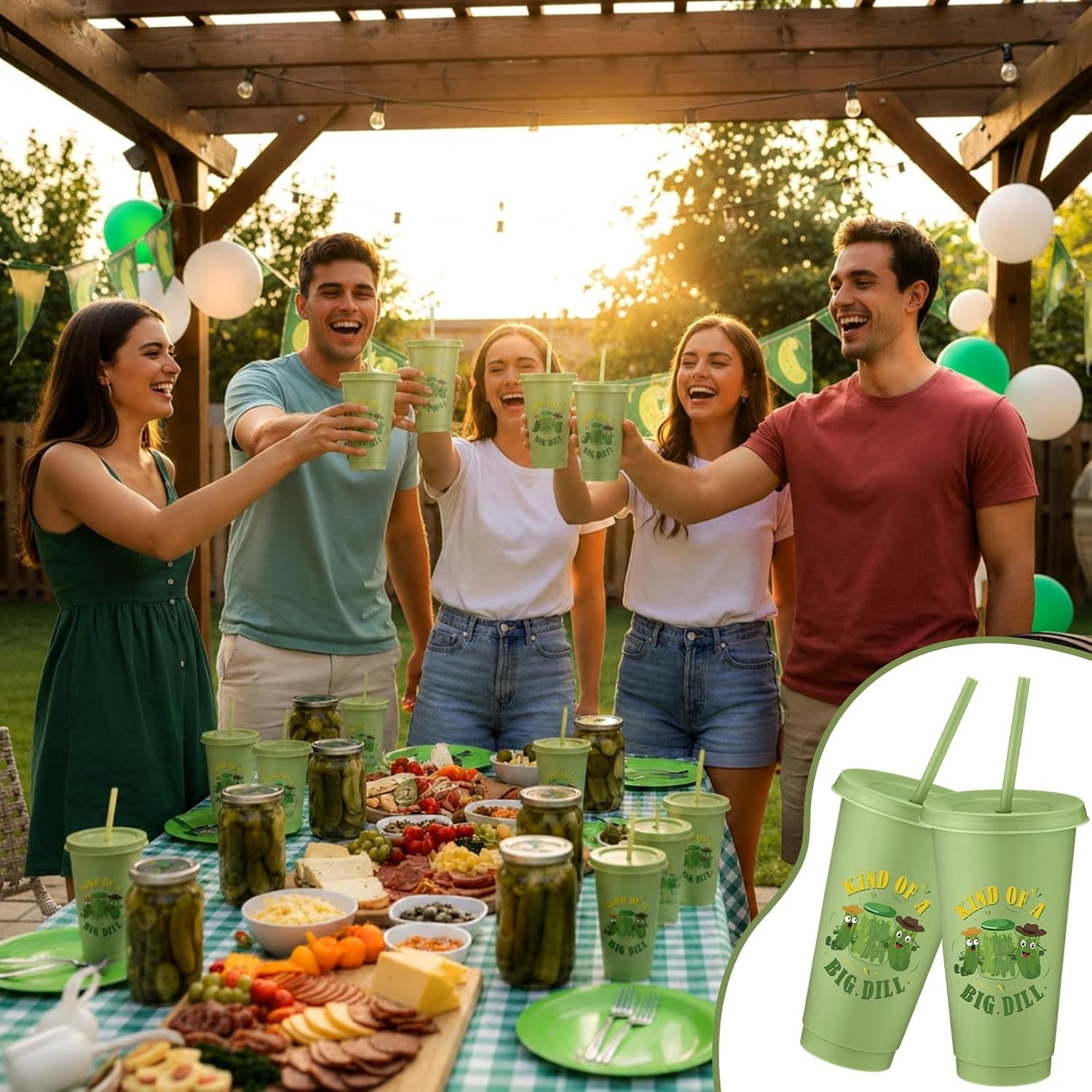 Yungyan 12 Pcs Pickle Party Decorations Plastic Cups with Lid and Straw 24 oz Kind of a Big Dill Cucumber Cups Pickle Birthday Party Favors for Birthday Fruit Vegetable Events Supplies