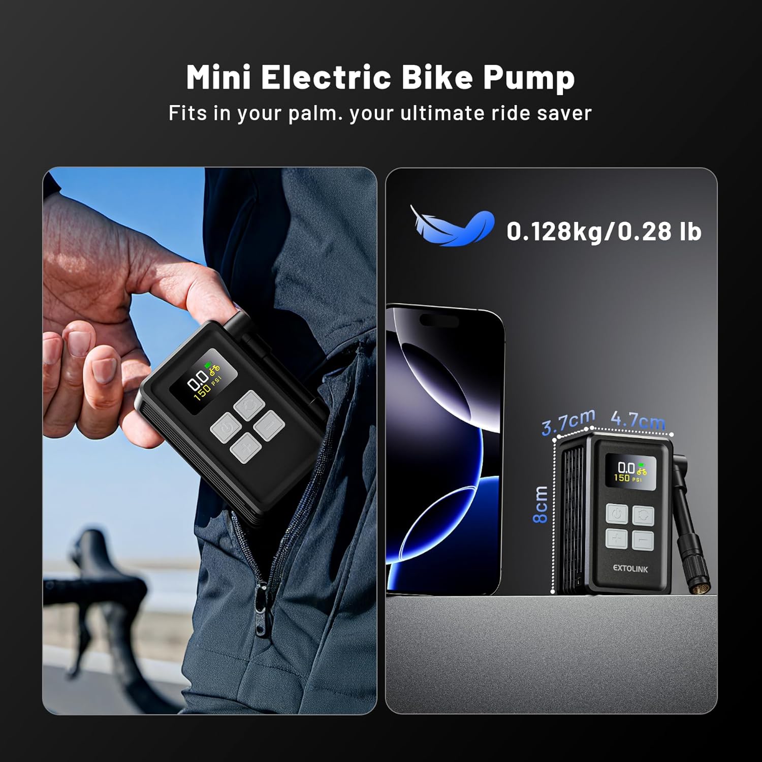 Mini Bike Tire Pump - 20s Fast Inflate Electric Bike Pump with Gauge, Max 150PSI Electric Air Pump with Presta & Schrader Valve for Road Bike, Mountain Bike, Electric Bike