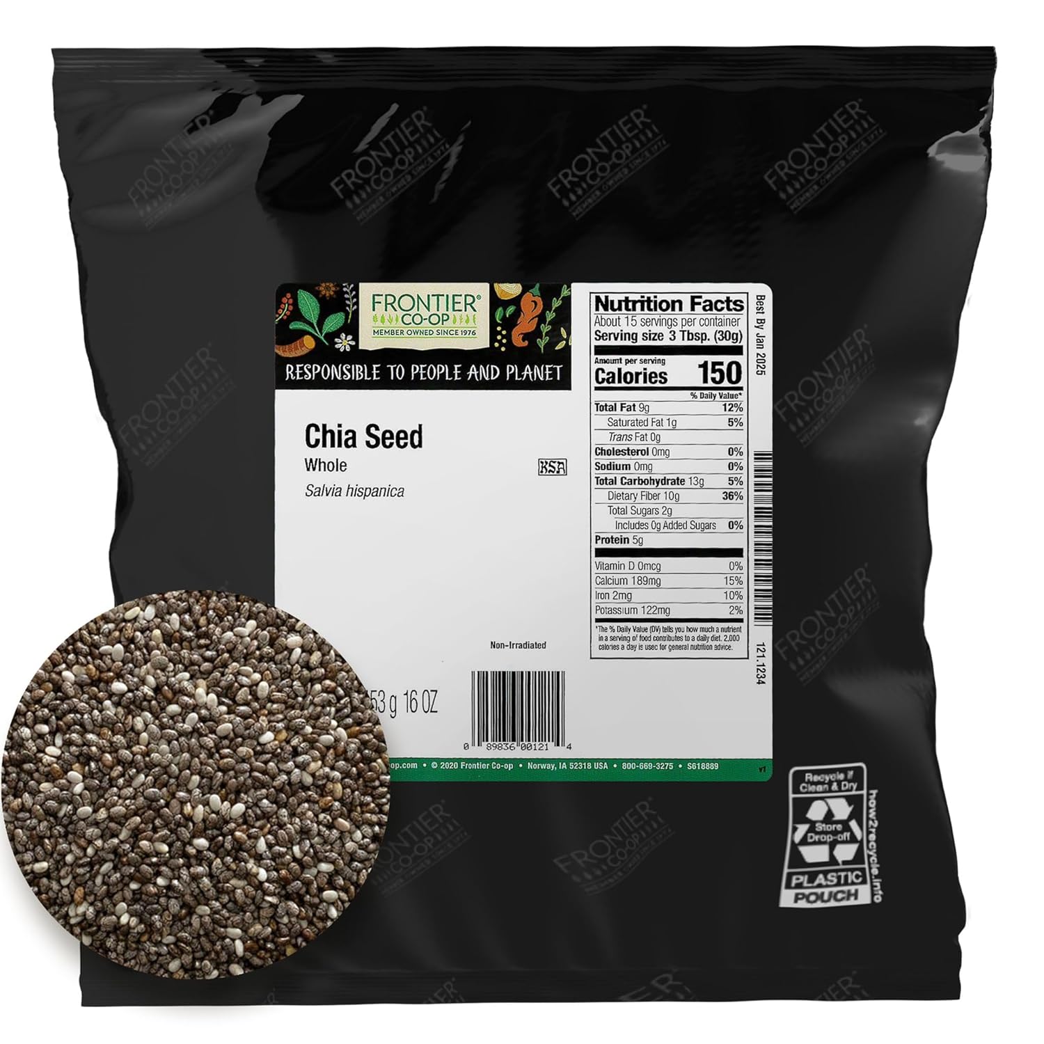 FRONTIER HERB Whole Chia Seed, 16 Ounce