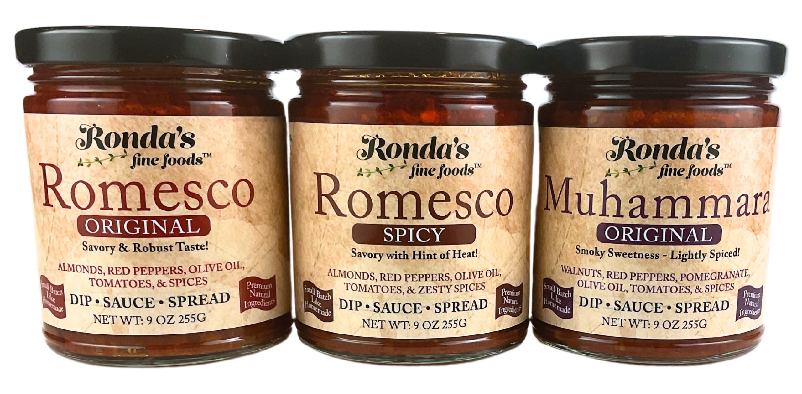 Romesco & Muhammara Variety Pack by Ronda's Fine Foods | Dip, Sauce, Spreads | 3CT 9.0 oz Glass Jars | Gourmet, Small-Batch | Savory & Robust Taste |