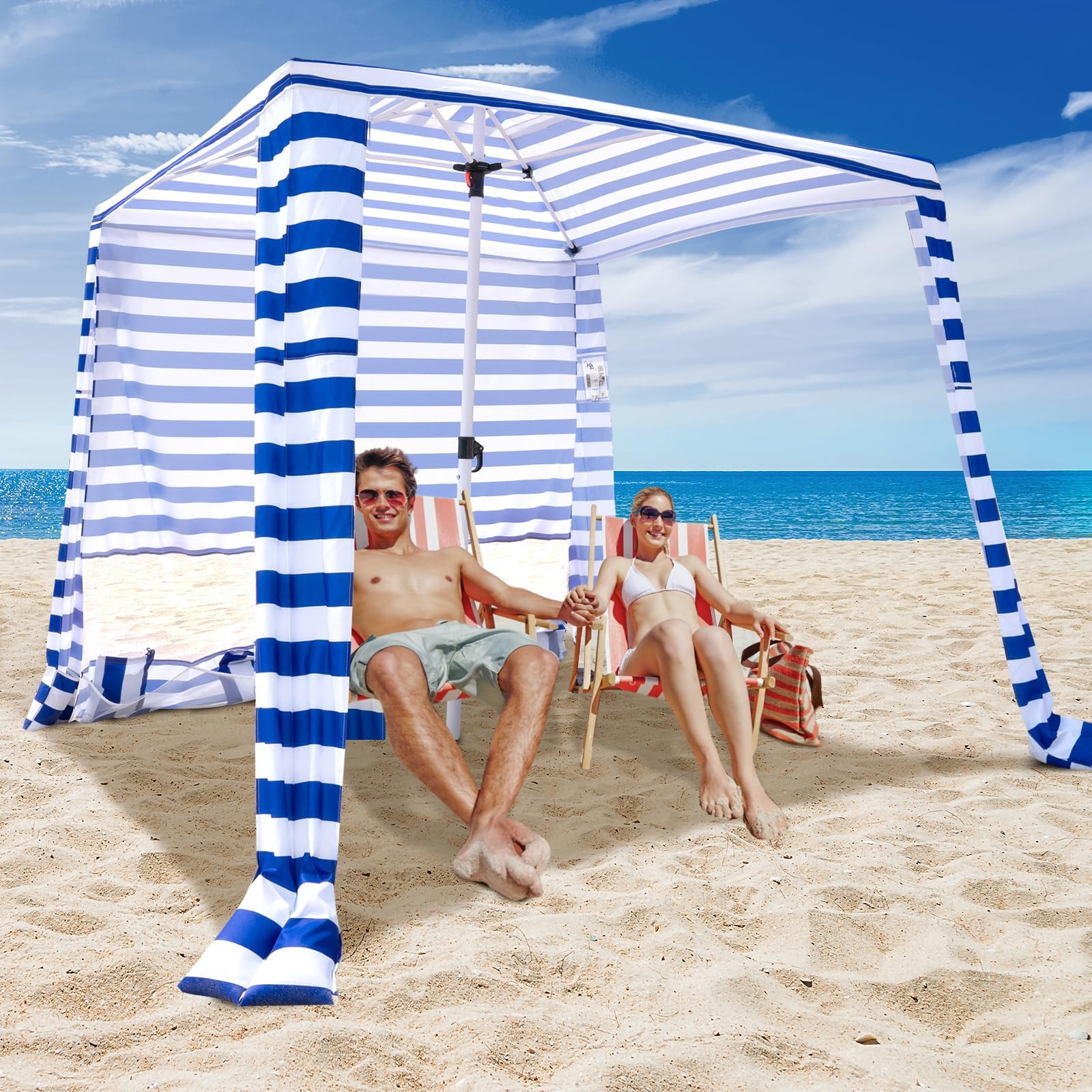 Beach Cabana, 6.2'×6.2' Cool Cabana Beach Tent Sun Shelter Canopy with Side Wall, 4 Sandbags, UPF 50+, Ventilation Peak, Portable Beach Shade Umbrella for Beach Camping Outdoor, Blue