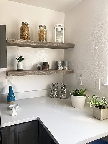 Vista 186 de joelsantiques - Estante rústico y contemporáneo con soportes, pino macizo, hecho a mano en Estados Unidos, 2 pulgadas de grosor x 8 pulgadas de Gris