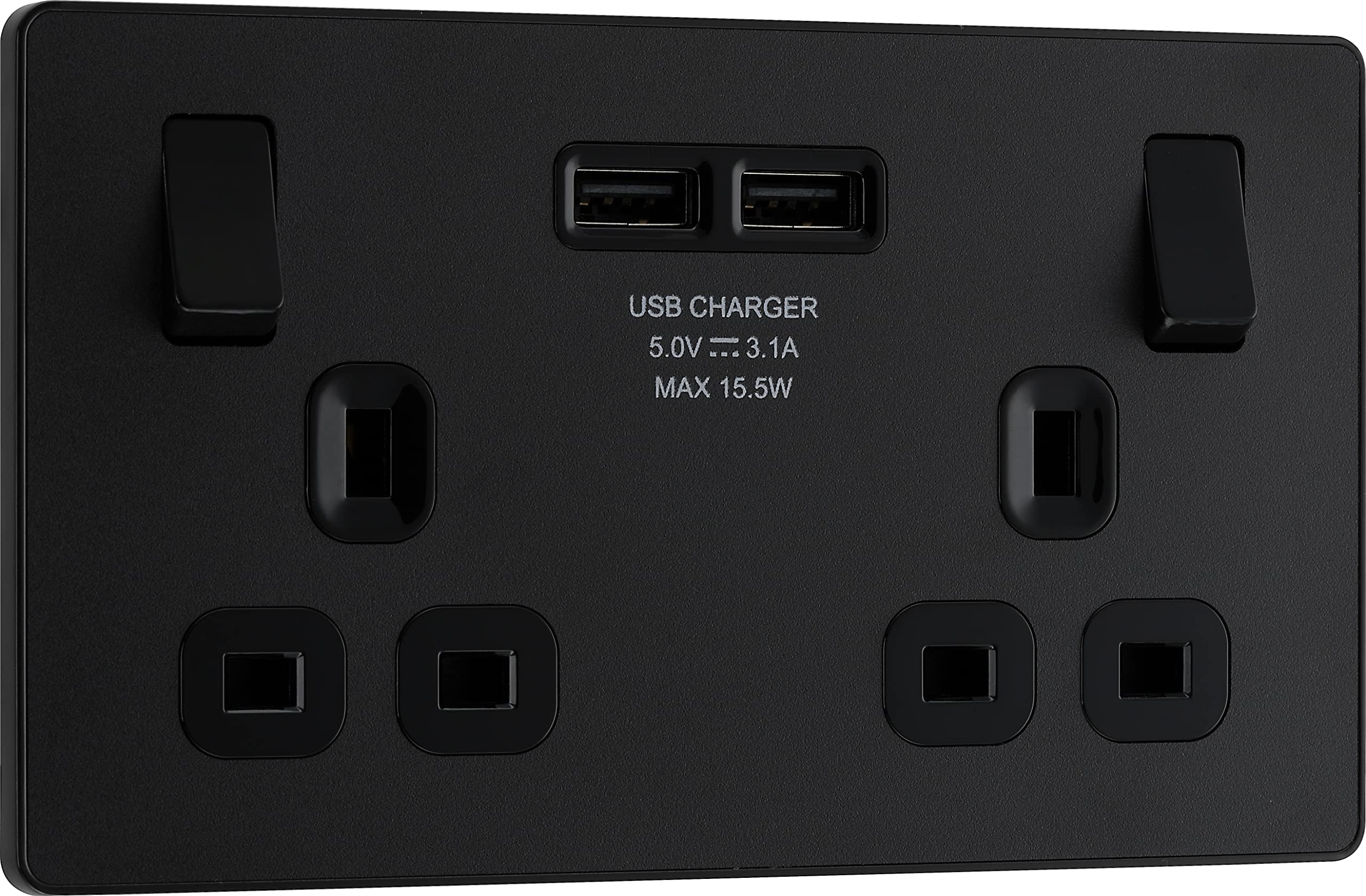 BG Electrical Double Switched 13A Power Socket With USB -Matt Black