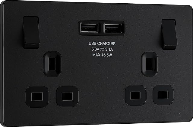 BG Electrical Evolve Double Switched Power Socket with 2 USB Charging Ports (3.1A), 13A, Matt Black