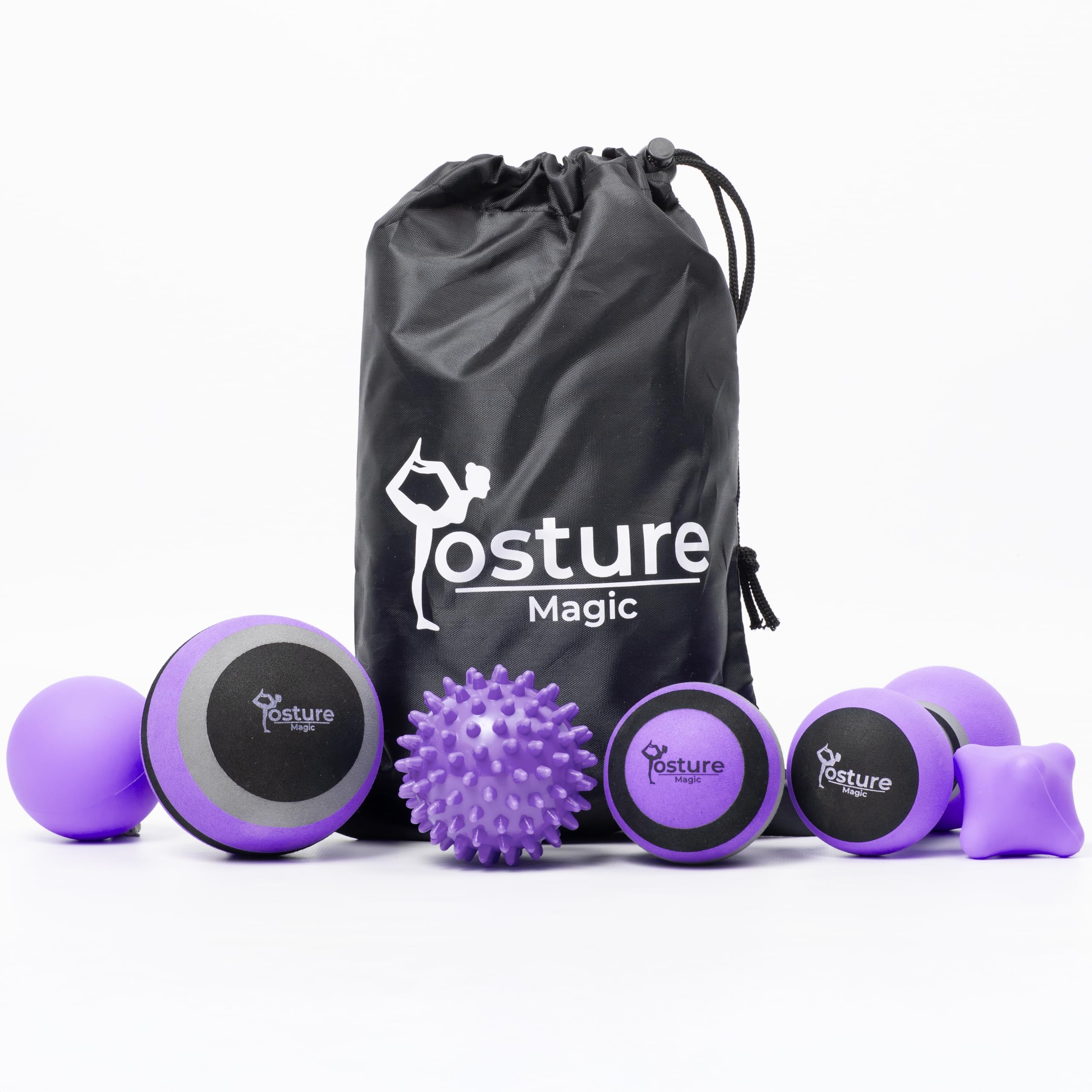 Posture Magic Massage Ball Kit for Myofascial Trigger Point Release & Deep Tissue Massage - Set of 6 - Large Foam/Small Foam/Lacrosse/Peanut/Spiky/Hand Exercise Ball (Purple)