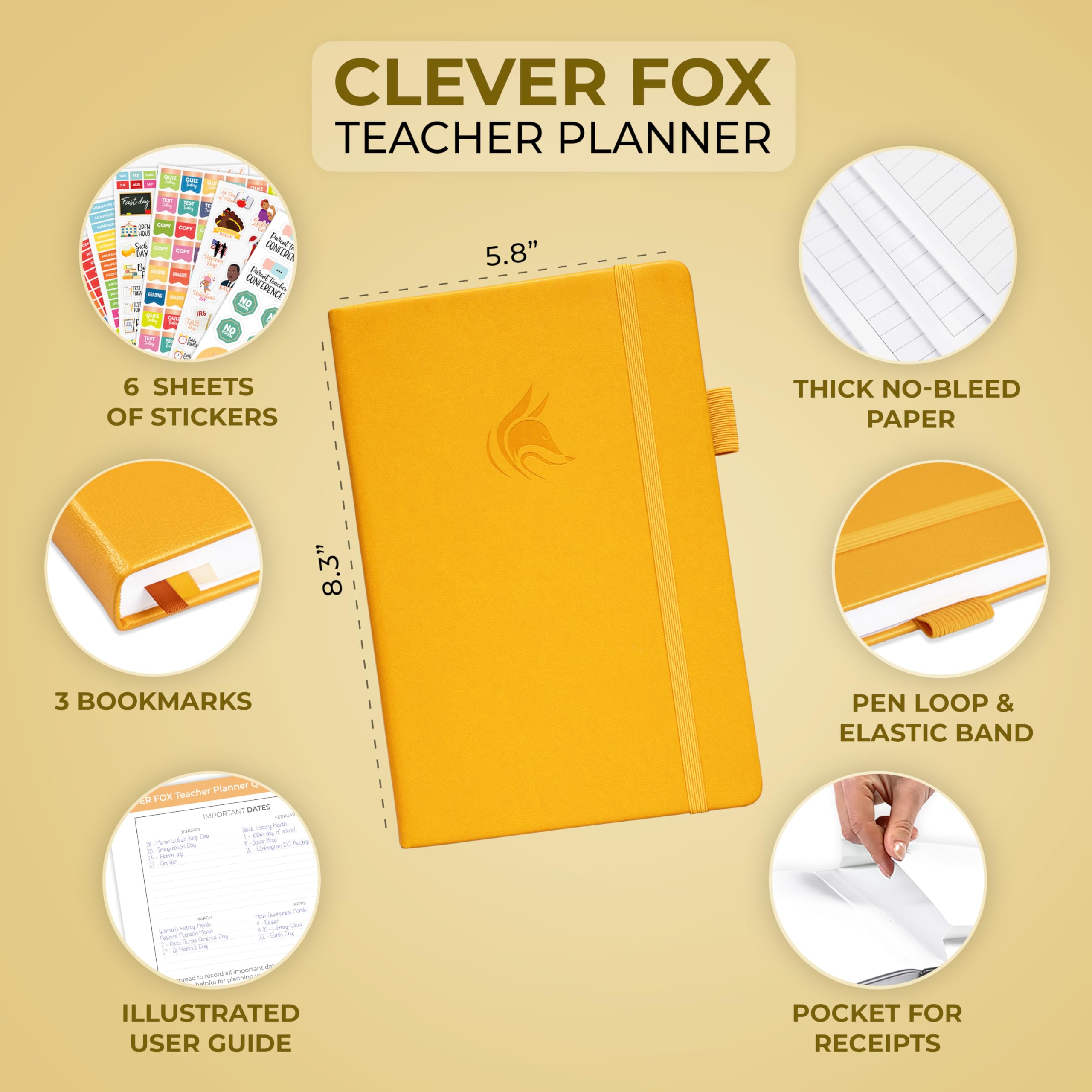 Clever Fox Teacher Planner – School Year Planner with Calendars & Lesson Plans – Teacher Plan Book for Classroom & Homeschool Organization - Undated, A5 Size, Hardcover (Amber Yellow)