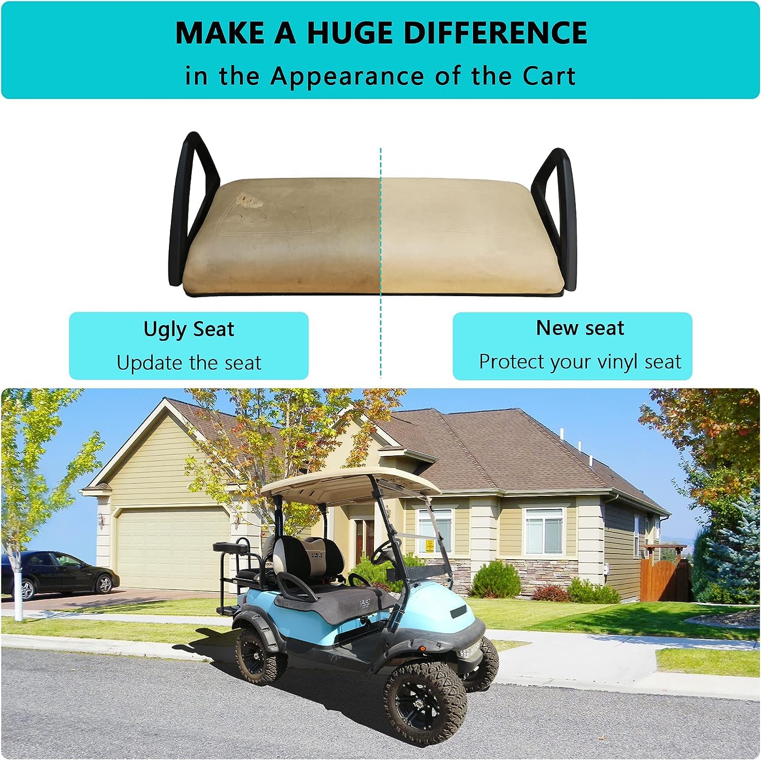 Coprisedili Anteriori Per Carrello Da Golf EZGO RXV (2008+), In Vinile Di Grado Marino, Con Cucitura A Diamante, Facili Da Installare Con Cinghie Regolabili. Impermeabili E Resistenti Al Sole.