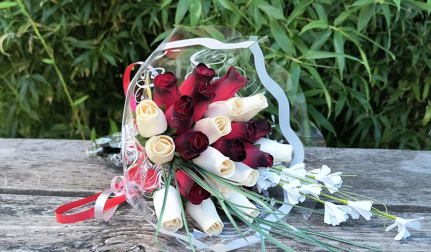 Red with Black Tips and White Wooden Rose Bouquet (2 Dozen)