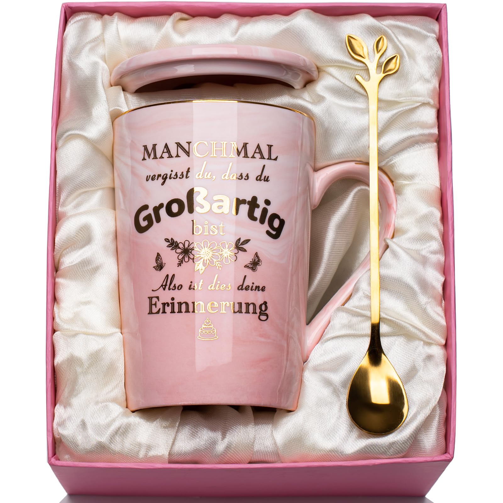 Geschenke für Frauen, Geburtstagsgeschenk für Frauen Tasse 400ml, Geschenk Freundin Geschenk Frauen Geburtstag Rosa Marmor Kaffeetasse, mit Goldaufdruck, Deckel, Löffel (Großartig)