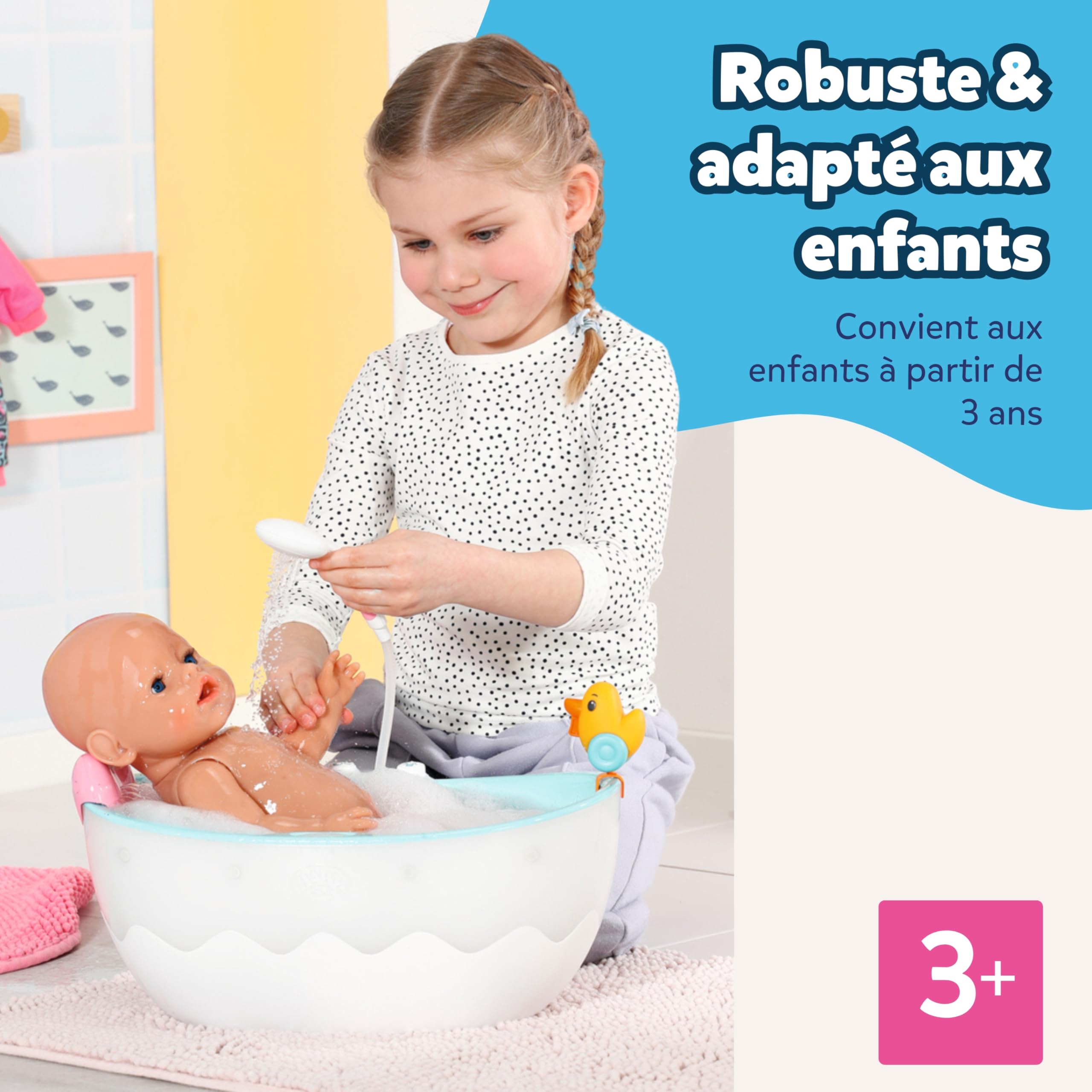 BABY born Baignoire avec Changement de Couleur - Fonction Douche et Son - Accessoires Haut de Gamme pour poupées de 36 et 43 cm - Fonctionne également avec de l'eau véritable