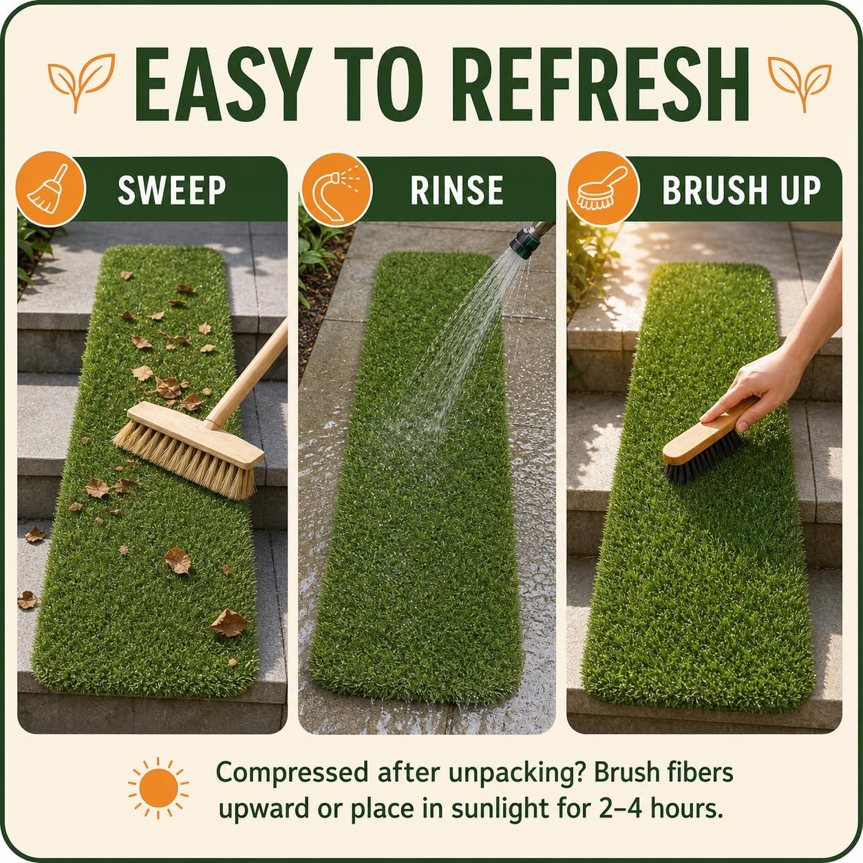 THREE ORANGES Artificial Grass Stair Treads, 9 Pack, 8 x 30 Inch, 1.38 Inch Thick Outdoor Turf Step Mats for Wood, Concrete, Metal and Stone Stairs, Washable and Trimmable